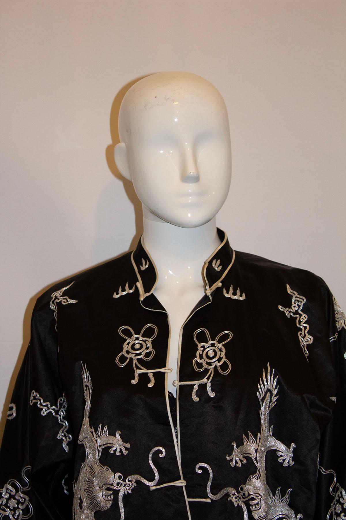 Women's or Men's Vintage Black Silk Satin Embroidered Chinese Evening Jacket