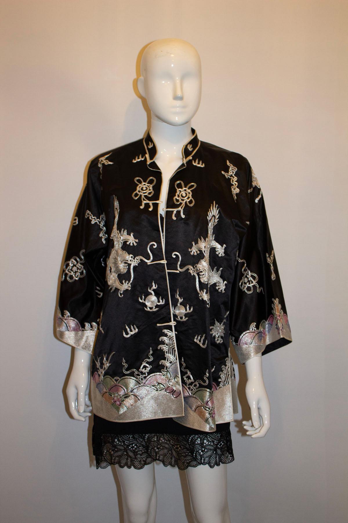 Vintage Black Silk Satin Embroidered Chinese Evening Jacket 1