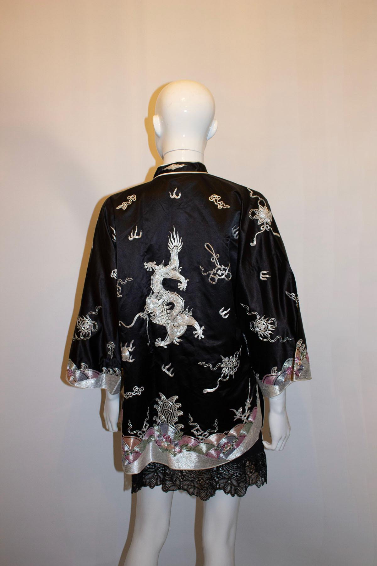 Vintage Black Silk Satin Embroidered Chinese Evening Jacket 3