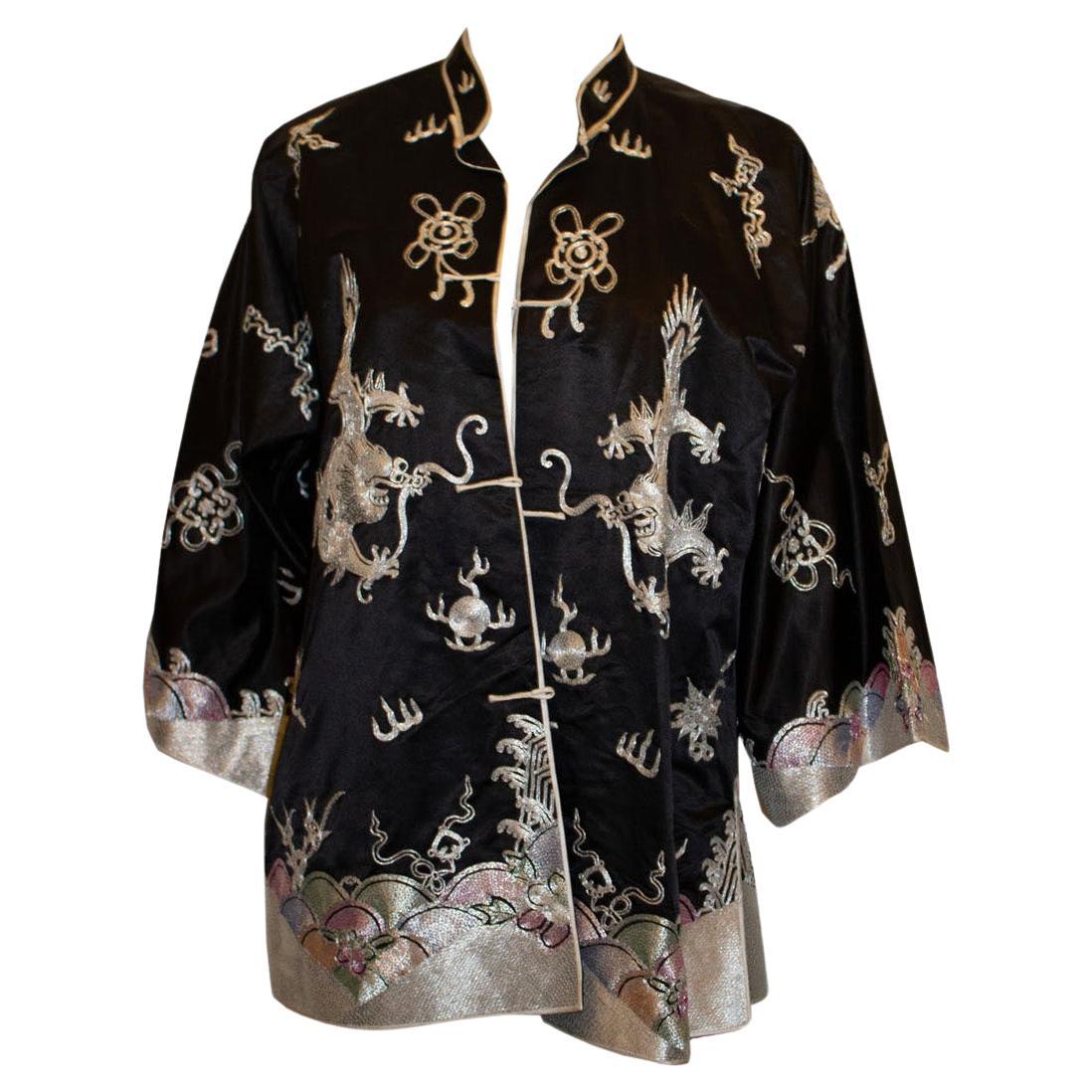 Vintage Black Silk Satin Embroidered Chinese Evening Jacket