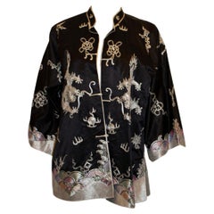 Vintage Black Silk Satin Embroidered Chinese Evening Jacket