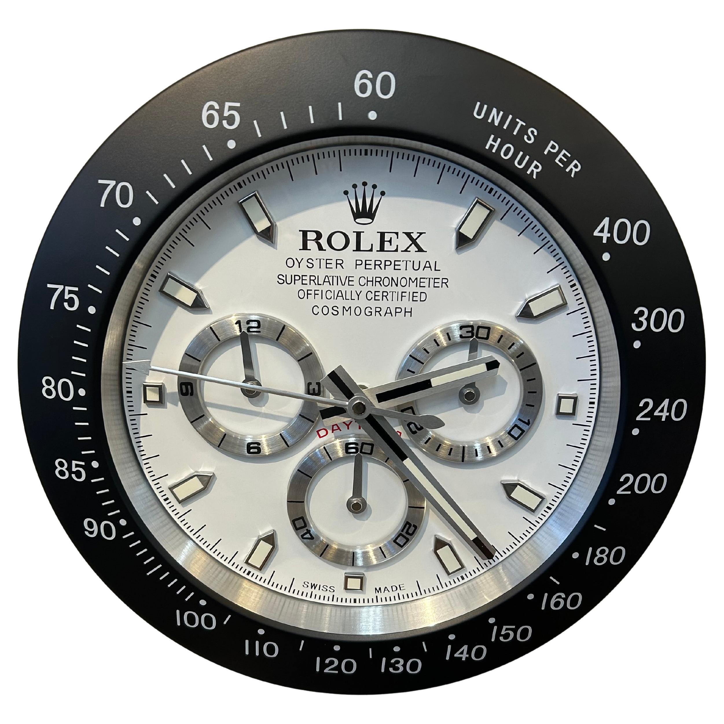 Vintage Black Silver and White Rolex Display Wall Clock
