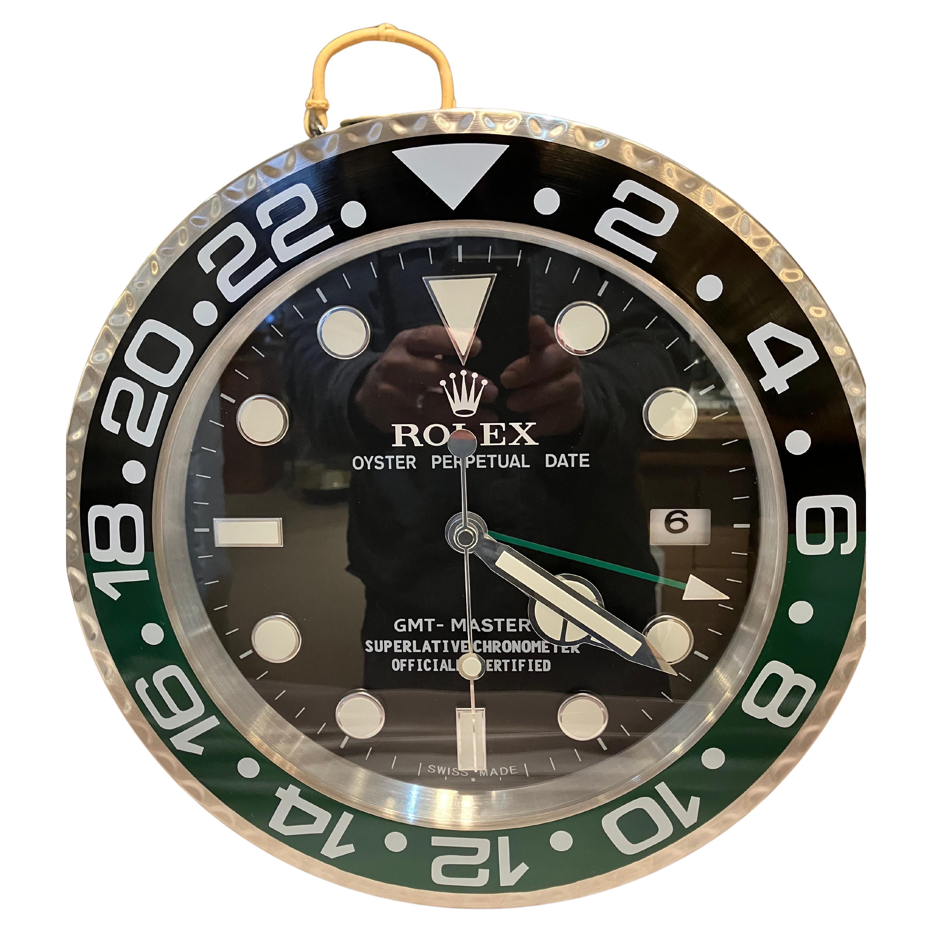Vintage Black Silver and Green Rolex Display Wall Clock For Sale at 1stDibs