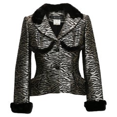 Vintage Black & Silver Terry Paris Zebra Jacquard Fur-Trimmed Jacket Size FR 40