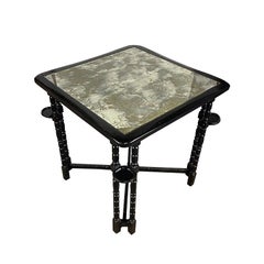 Vintage Black Square Game Table with Mirrored Top and Drink or Cigar Holders