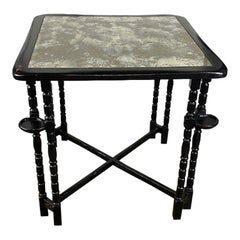 Vintage Black Square Game Table with Mirrored Top and Drink or Cigar Holders