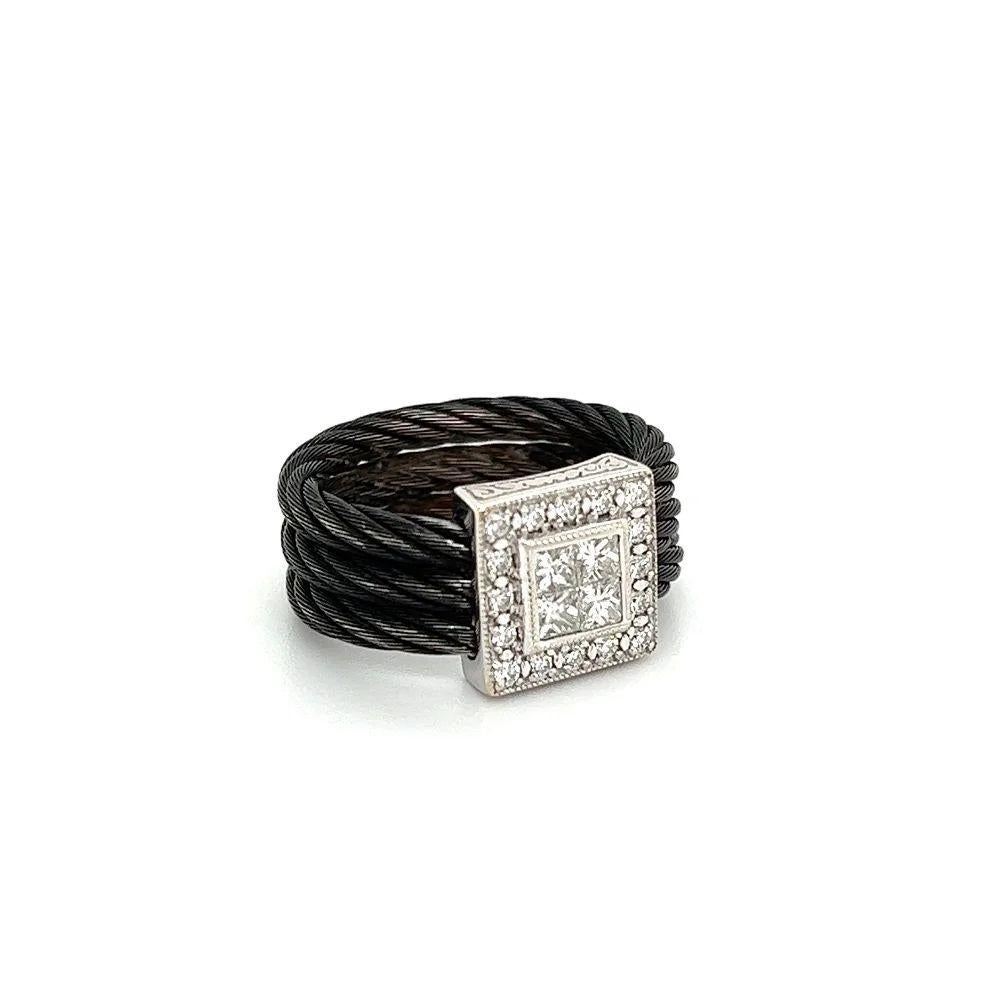 Simply Beautiful! Black Stainless Steel ALOR Noir with Princess and Round Diamond Gold Ring. Hand crafted 3 row Black Stainless-Steel Bands. Centering Hand set Princess and Round Diamonds, weighing approx. 0.50tcw in 18K White Gold Setting. Ring
