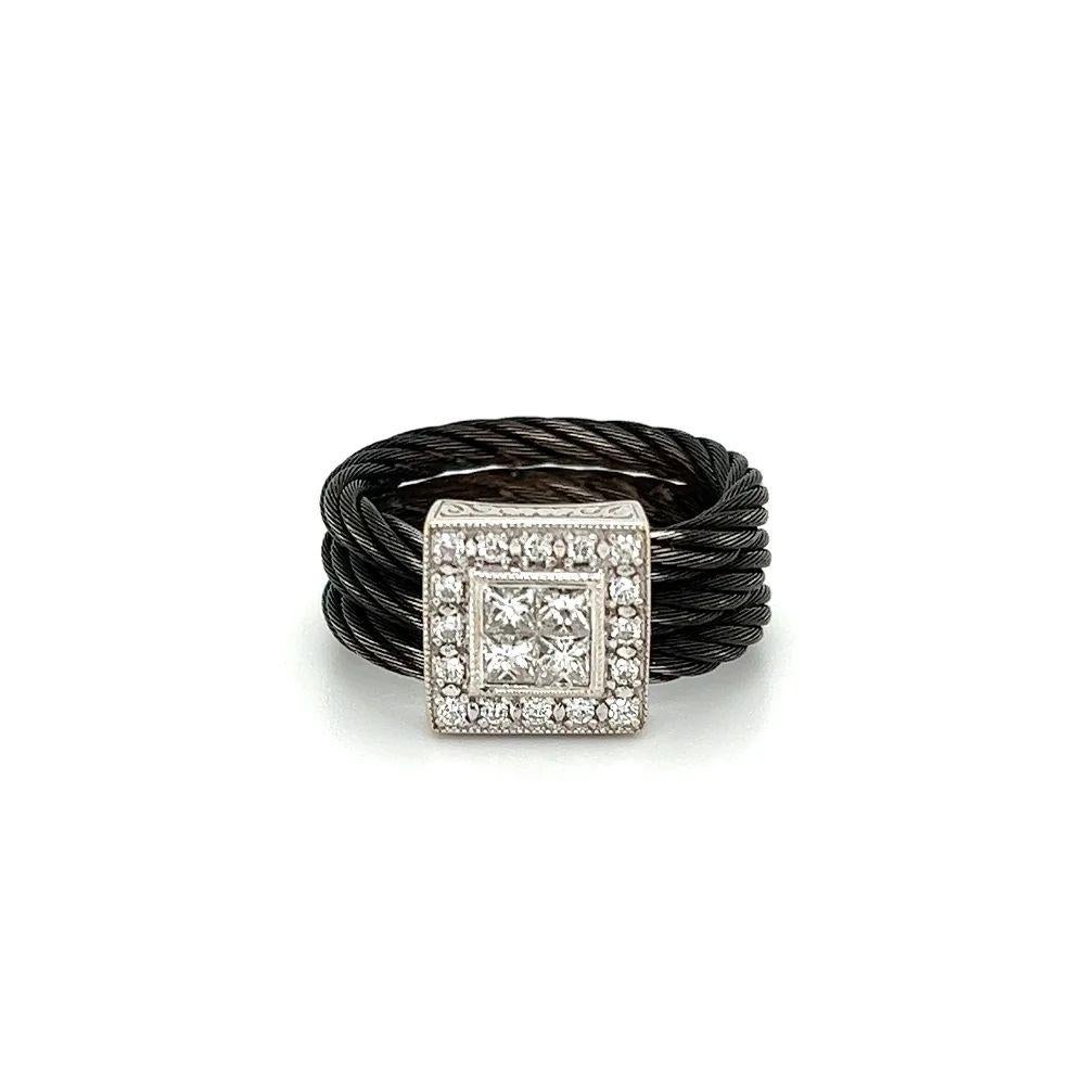 Modern Vintage Black Stainless Steel ALOR Noir and Princess and Round Diamond Gold Ring For Sale