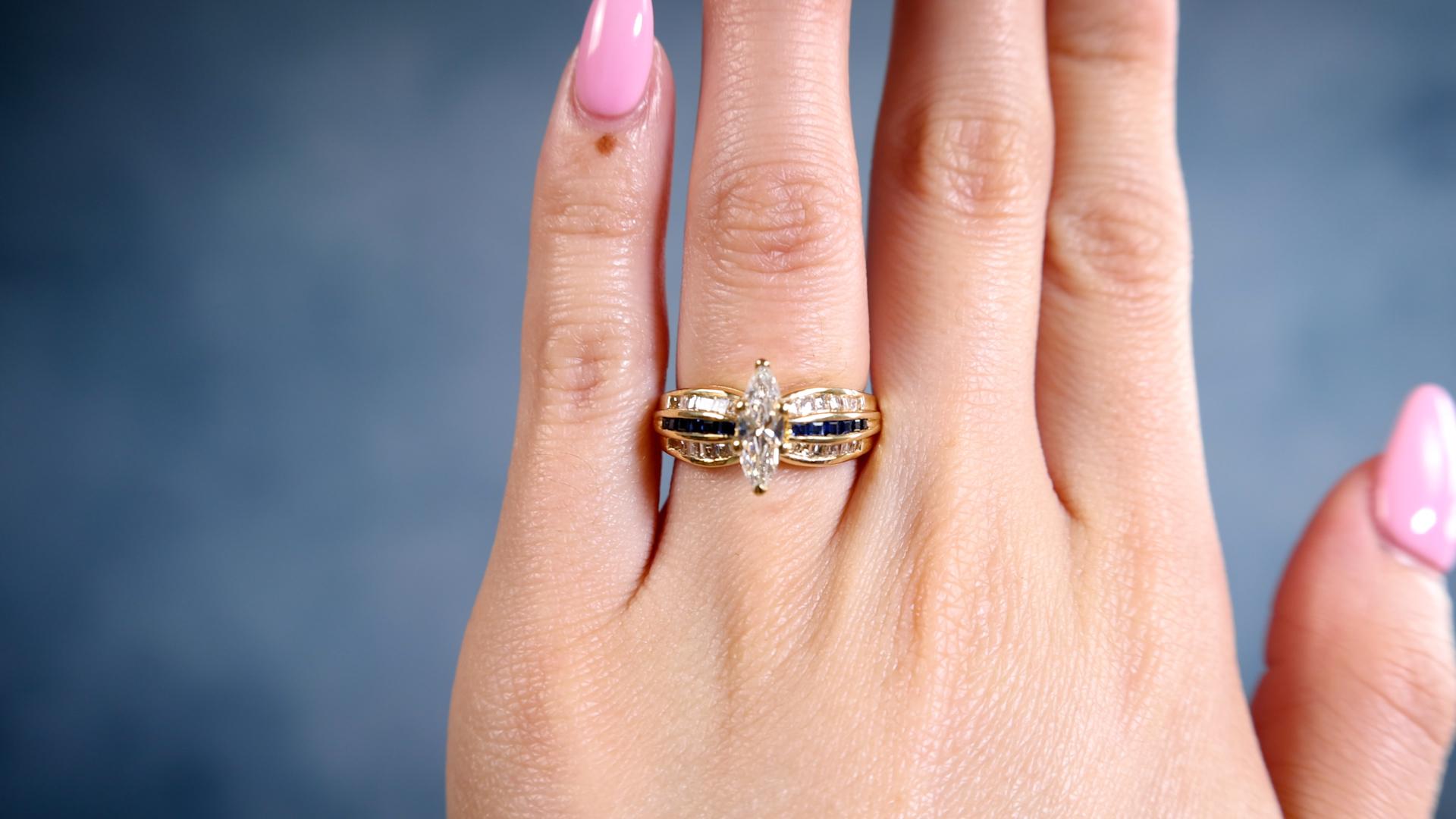 Marquise Cut Vintage Black Starr and Frost Diamond Sapphire 18k Yellow Gold Ring