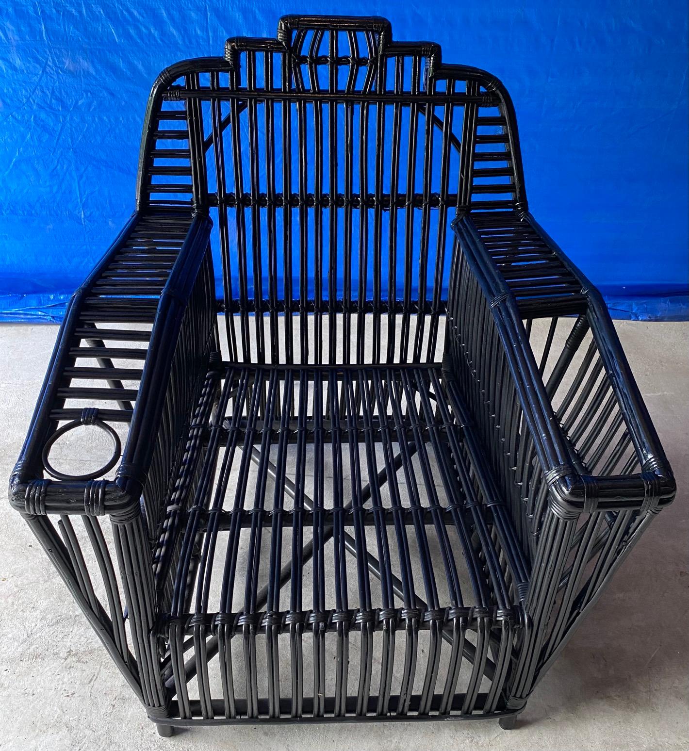 Vintage Black Stick Wicker Club Chair In Good Condition In Sheffield, MA