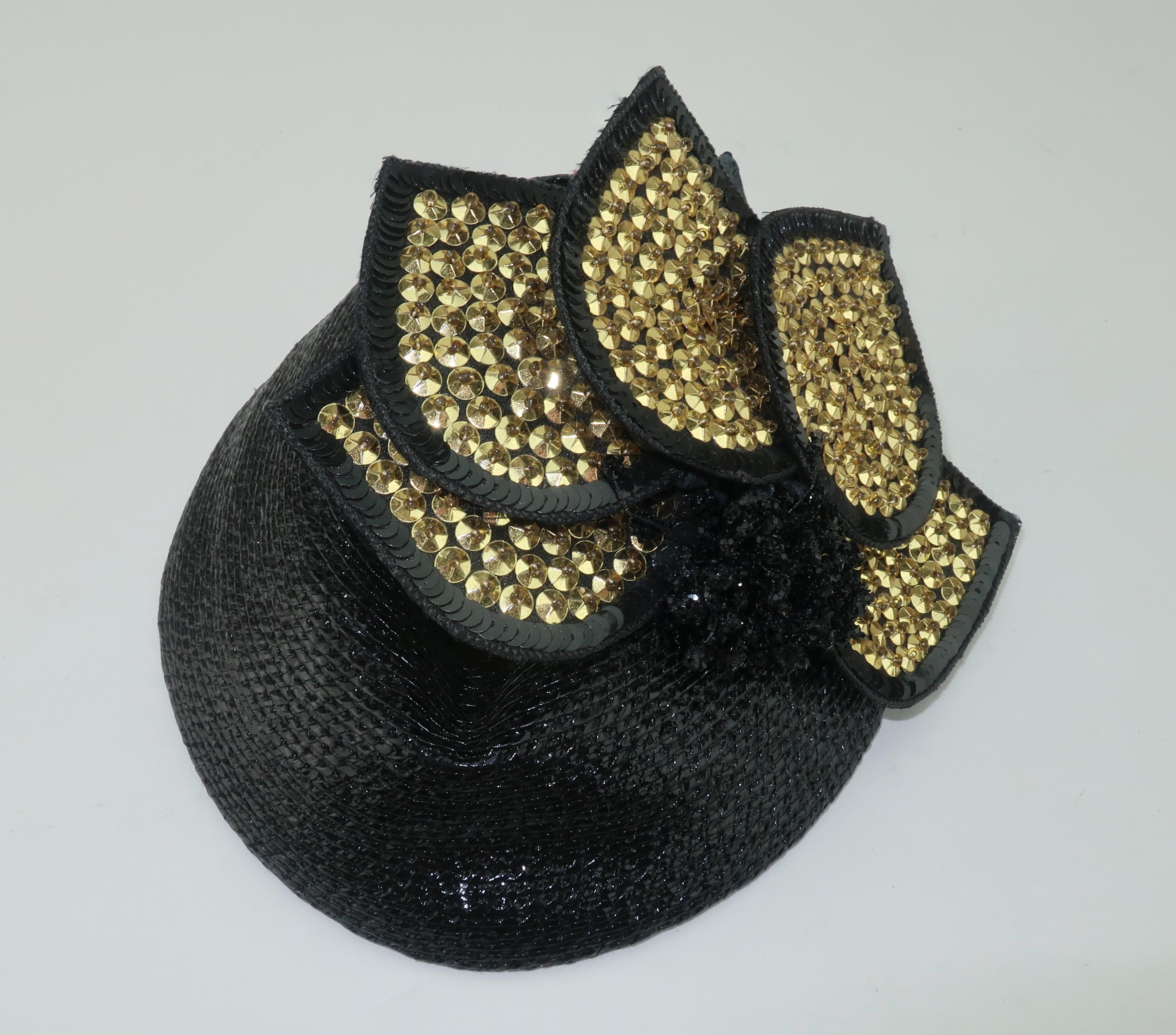 Gray Vintage Black Straw Fascinator Hat With Gold Sequins