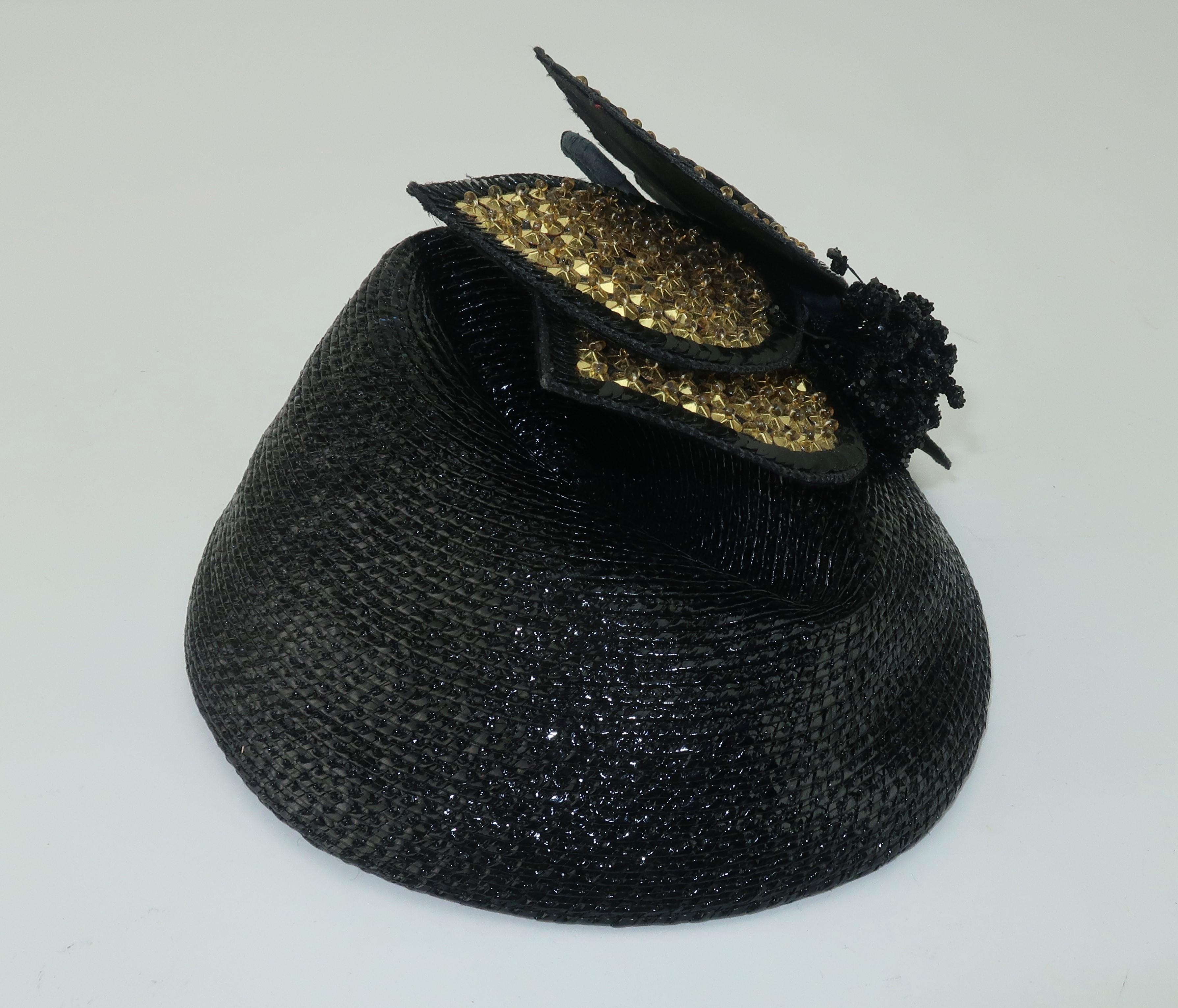 Vintage Black Straw Fascinator Hat With Gold Sequins In Good Condition In Atlanta, GA