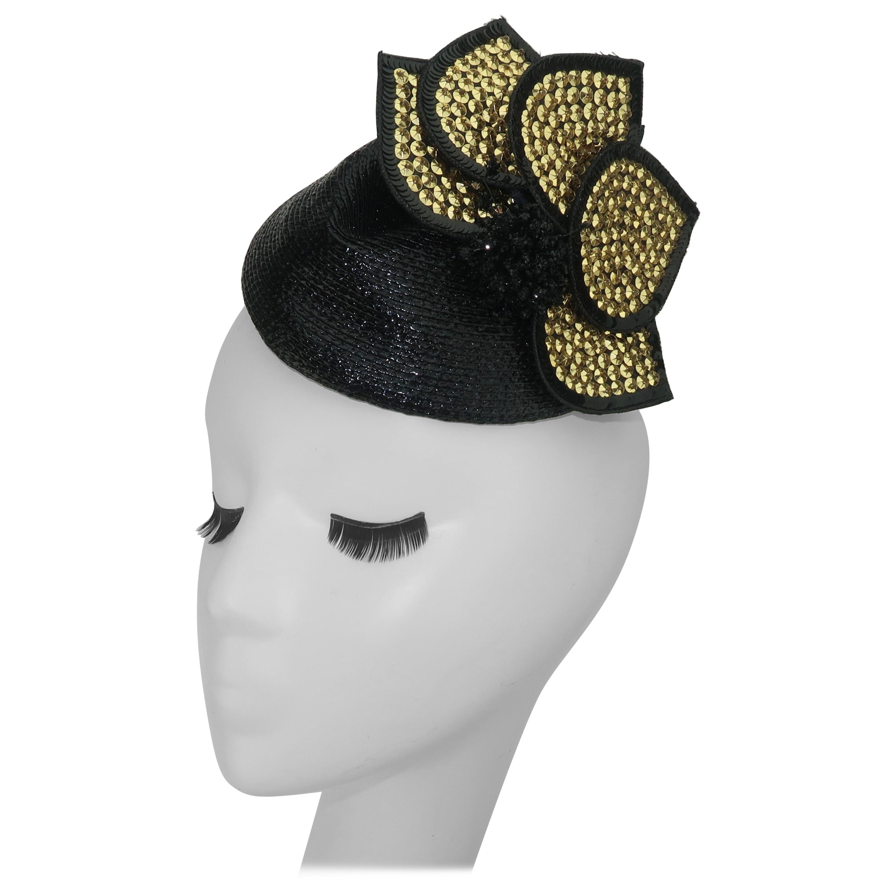 Vintage Black Straw Fascinator Hat With Gold Sequins