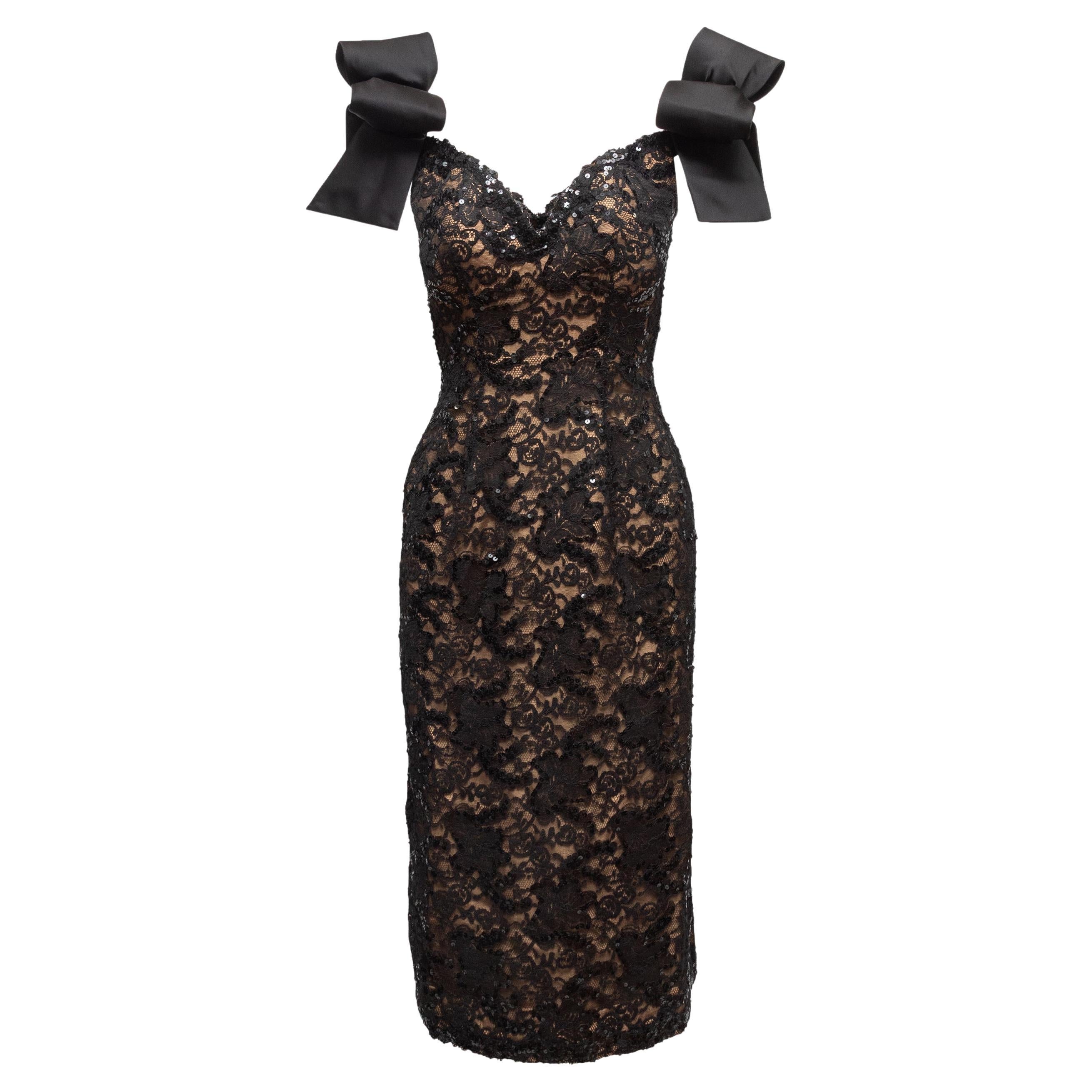 Abito da sera vintage con paillettes e fiocco in pizzo Bob Mackie Couture in nero e marrone