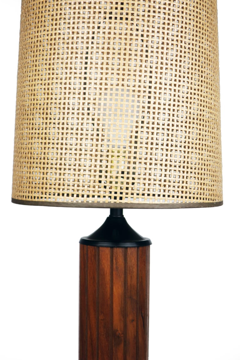 Vintage Black Teak Panel Table Lamp with Woven Shade at 1stDibs vintage rattan table lamp