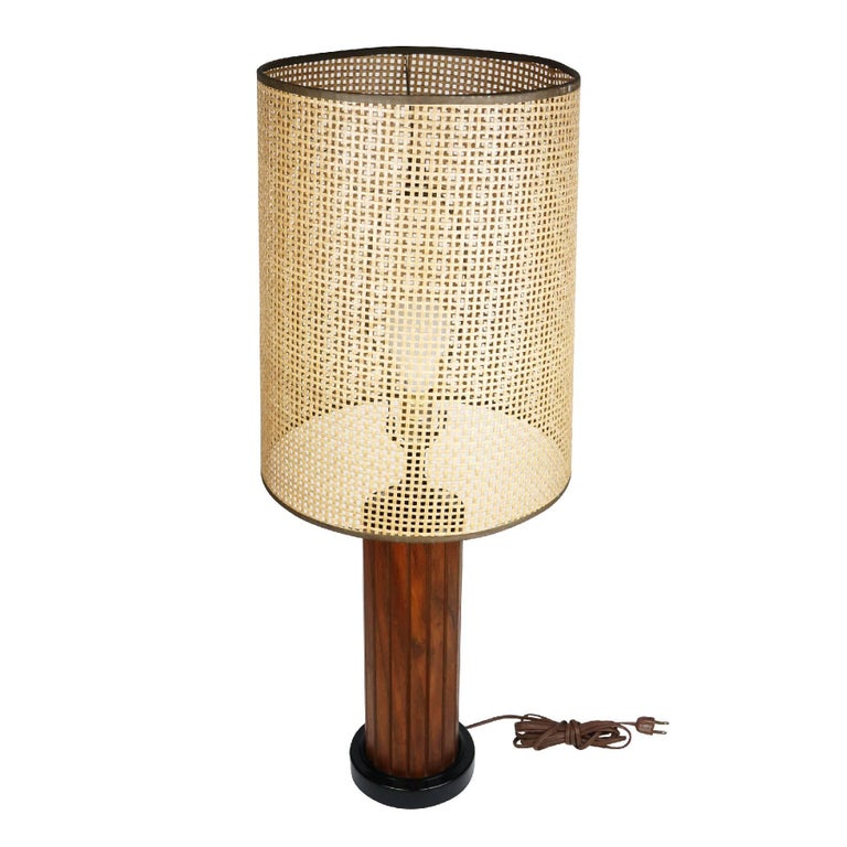 Vintage Black Teak Panel Table Lamp with Woven Shade at 1stDibs
