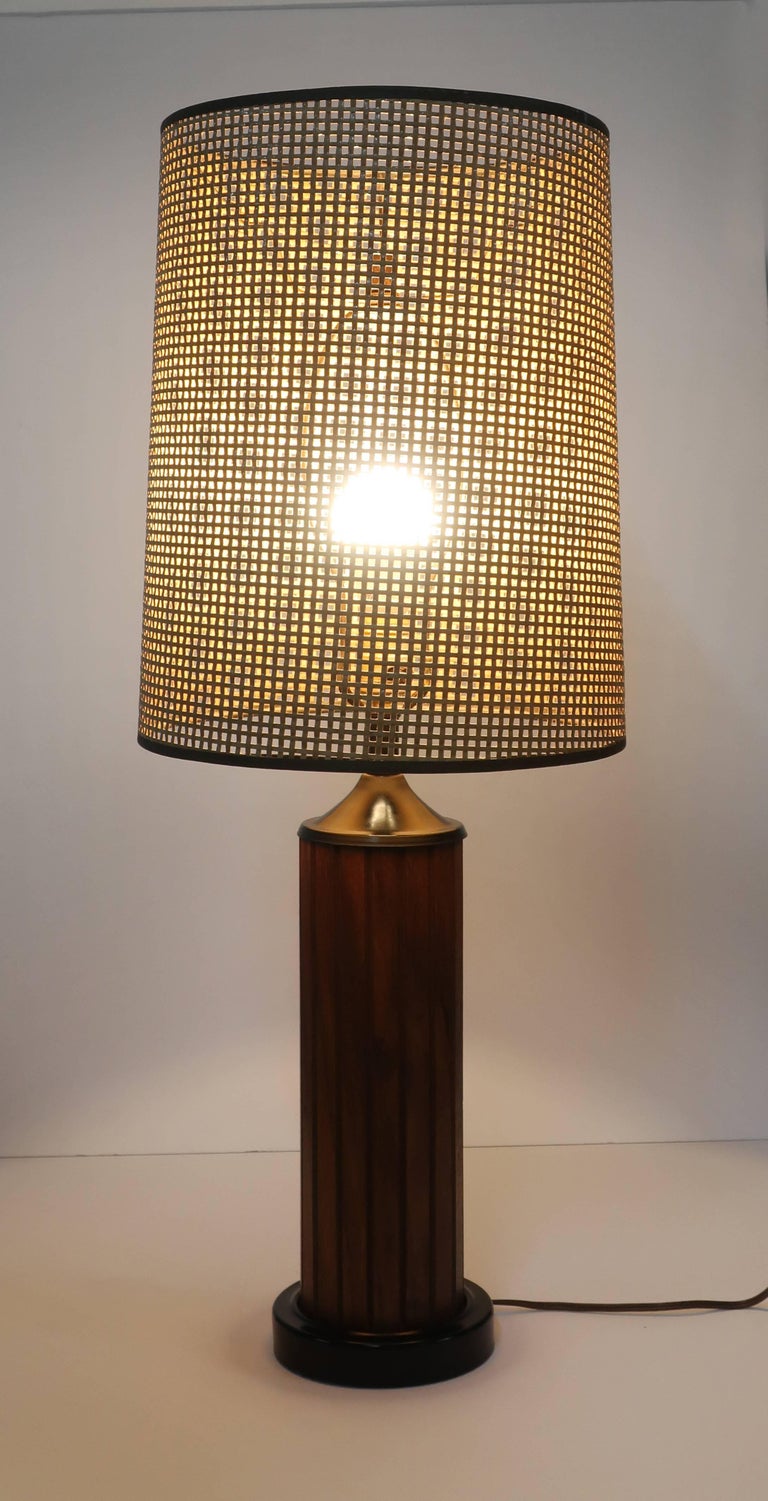 Vintage Black Teak Panel Table Lamp with Woven Shade at 1stDibs