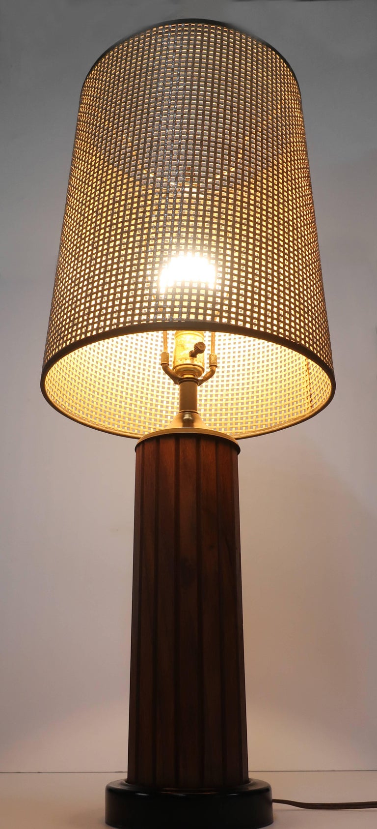 Vintage Black Teak Panel Table Lamp with Woven Shade at 1stDibs