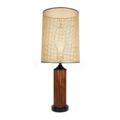 Vintage Black Teak Panel Table Lamp with Woven Shade