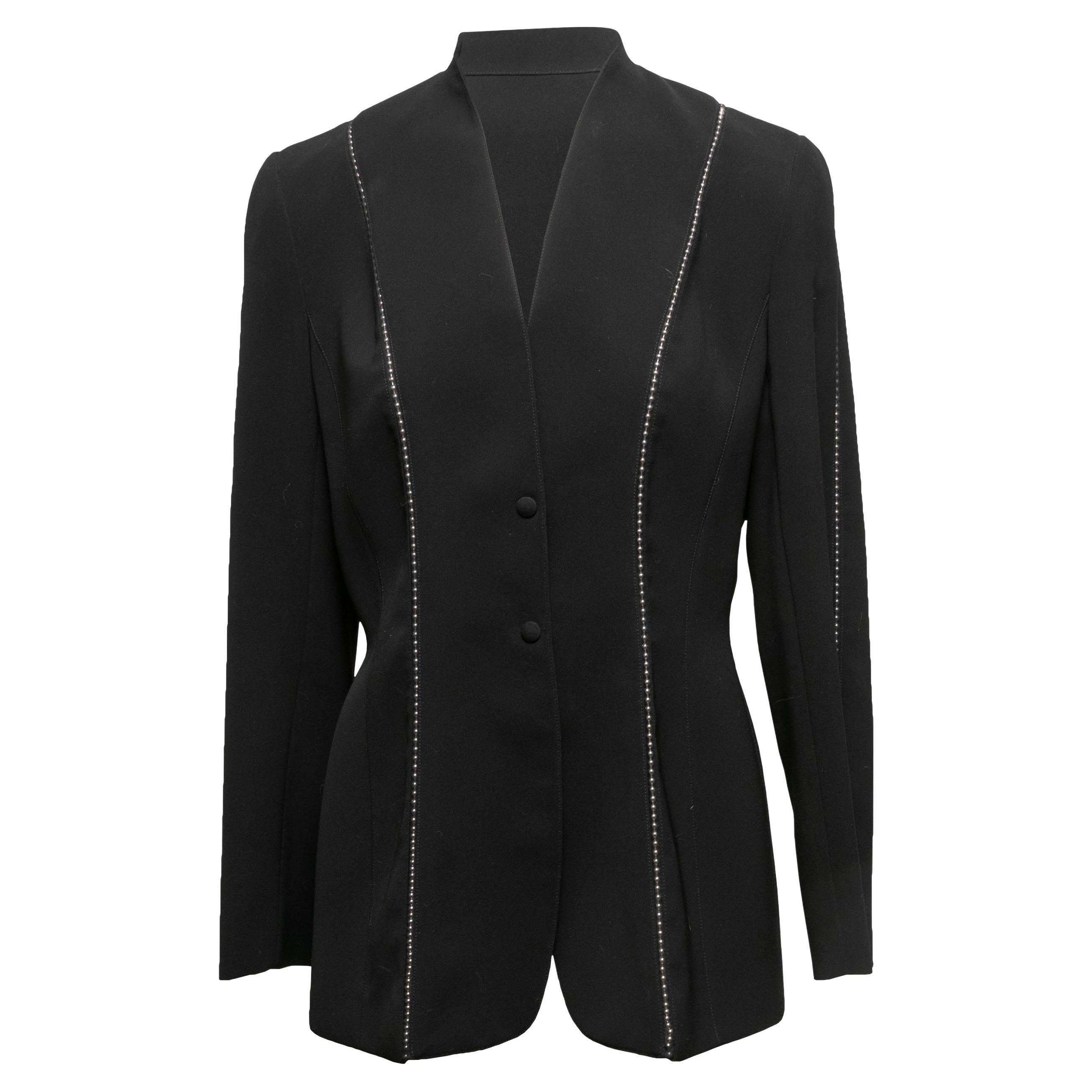 Vintage Black Thierry Mugler Rhinestone-Trimmed Silk Blazer Size FR 42