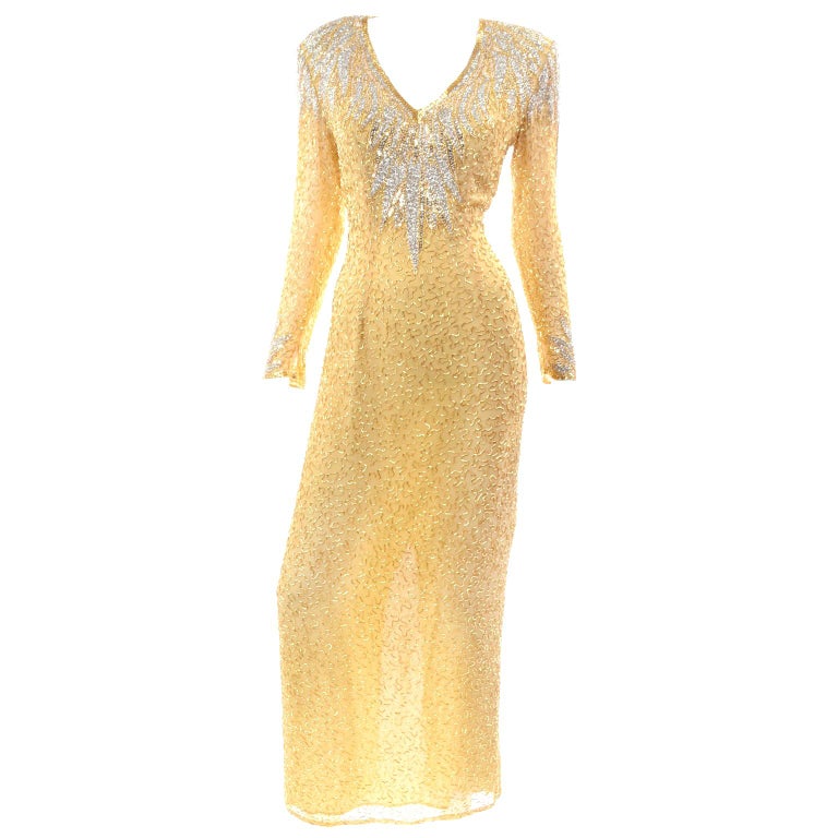 Vintage Black Tie Fully Beaded Gold Evening Dress With Open Back For Sale at 1stDibs vintage