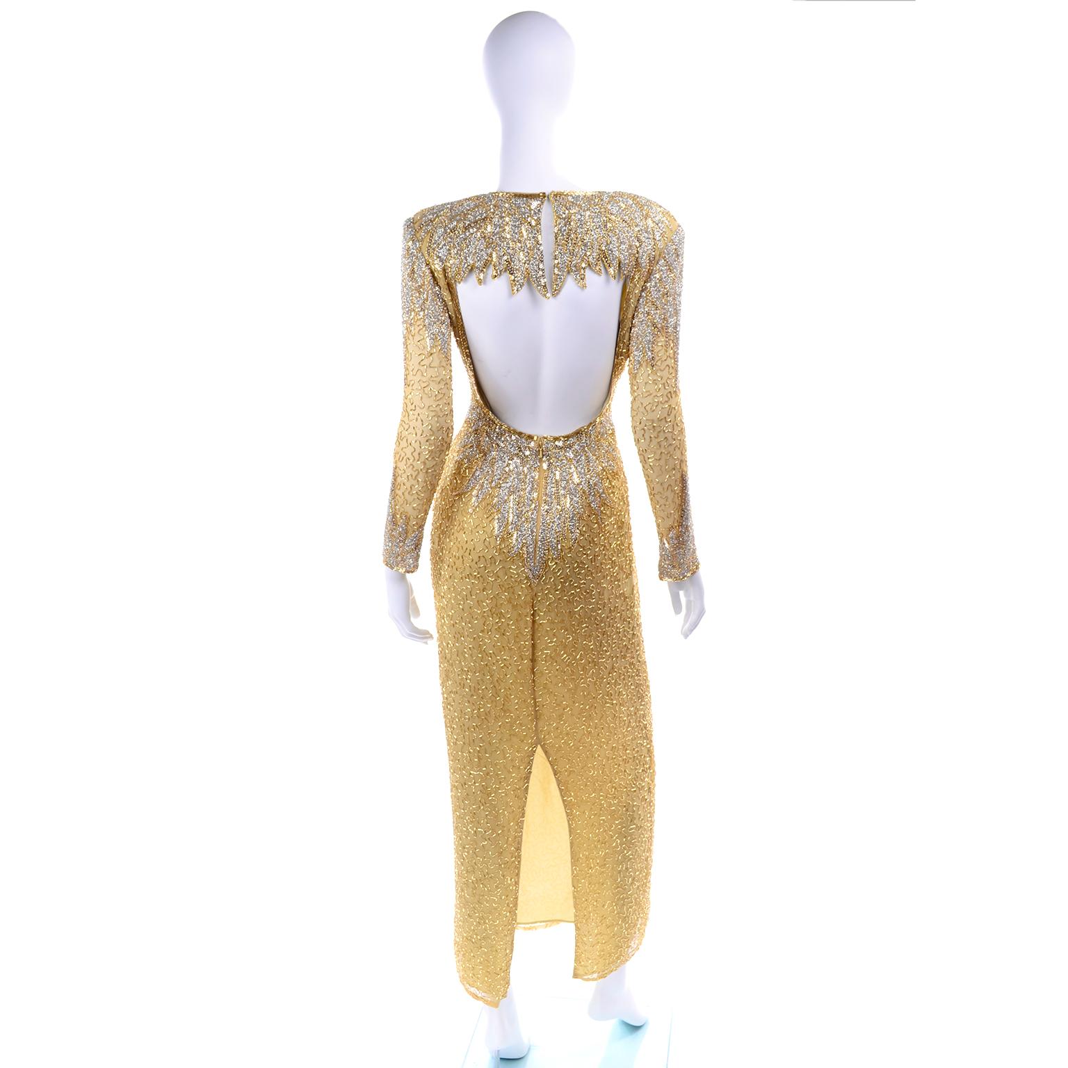 Vintage black Tie Gold Silk Beaded Long Evening Gown with Open Back For