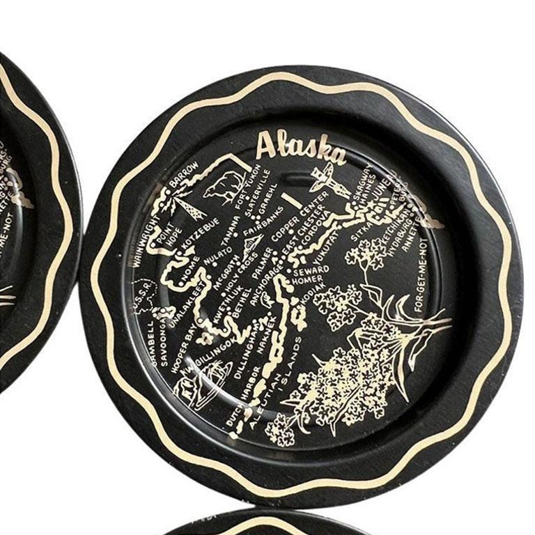 Mid-Century Modern Vintage Black Tole Tourist Alaska Coasters - Set of 6 For Sale