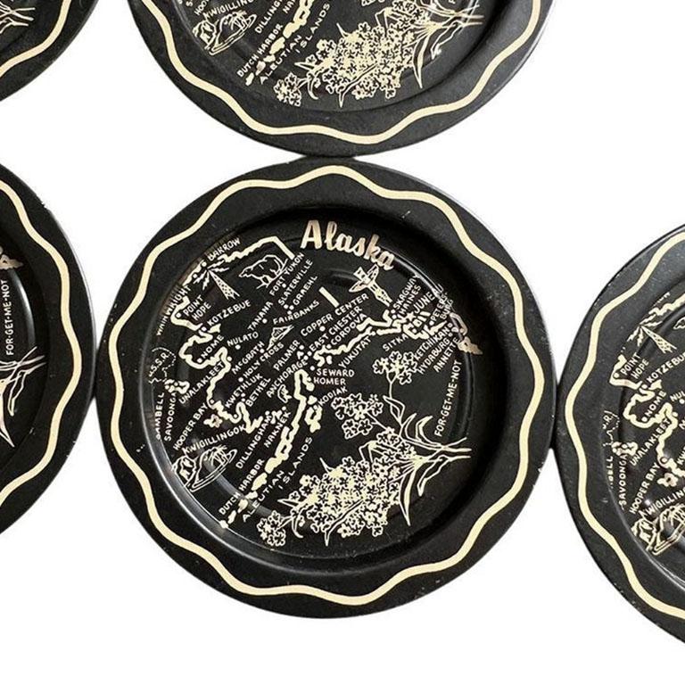 Vintage Black Tole Tourist Alaska Coasters - Set of 6 In Good Condition For Sale In Oklahoma City, OK