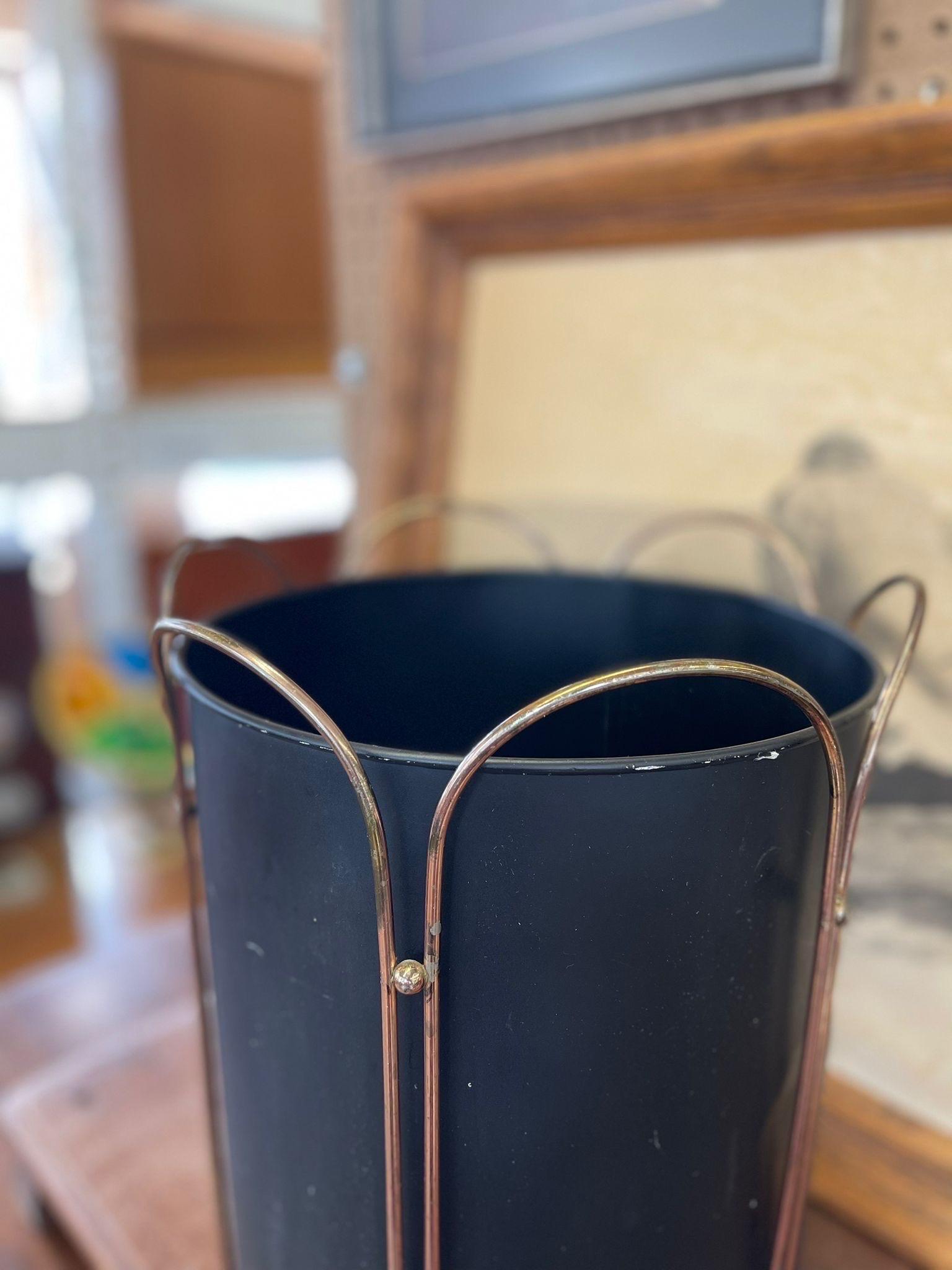 Mid-Century Modern Vintage Black Trash Bin With Gold Toned Accents For Sale
