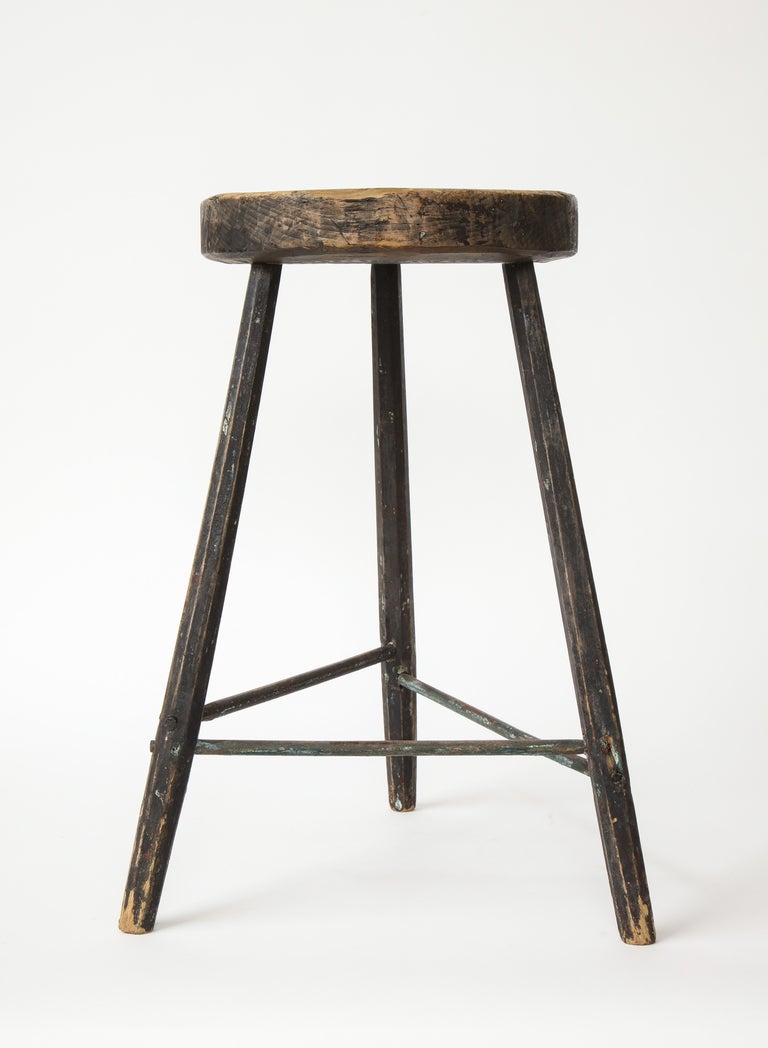 Vintage Black Tripod Stool with Rustic Wood Top For Sale 5