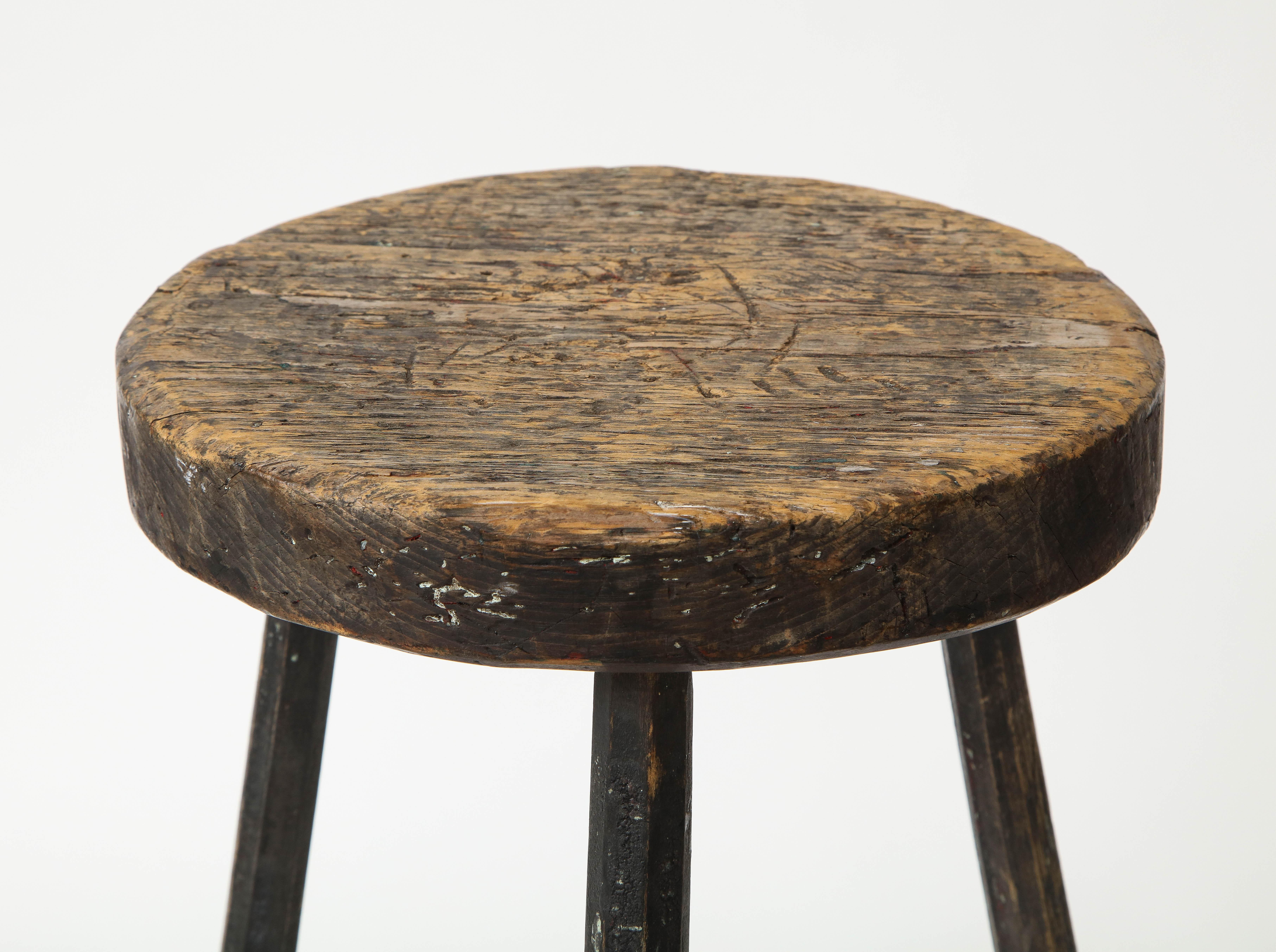 North American Vintage Black Tripod Stool with Rustic Wood Top