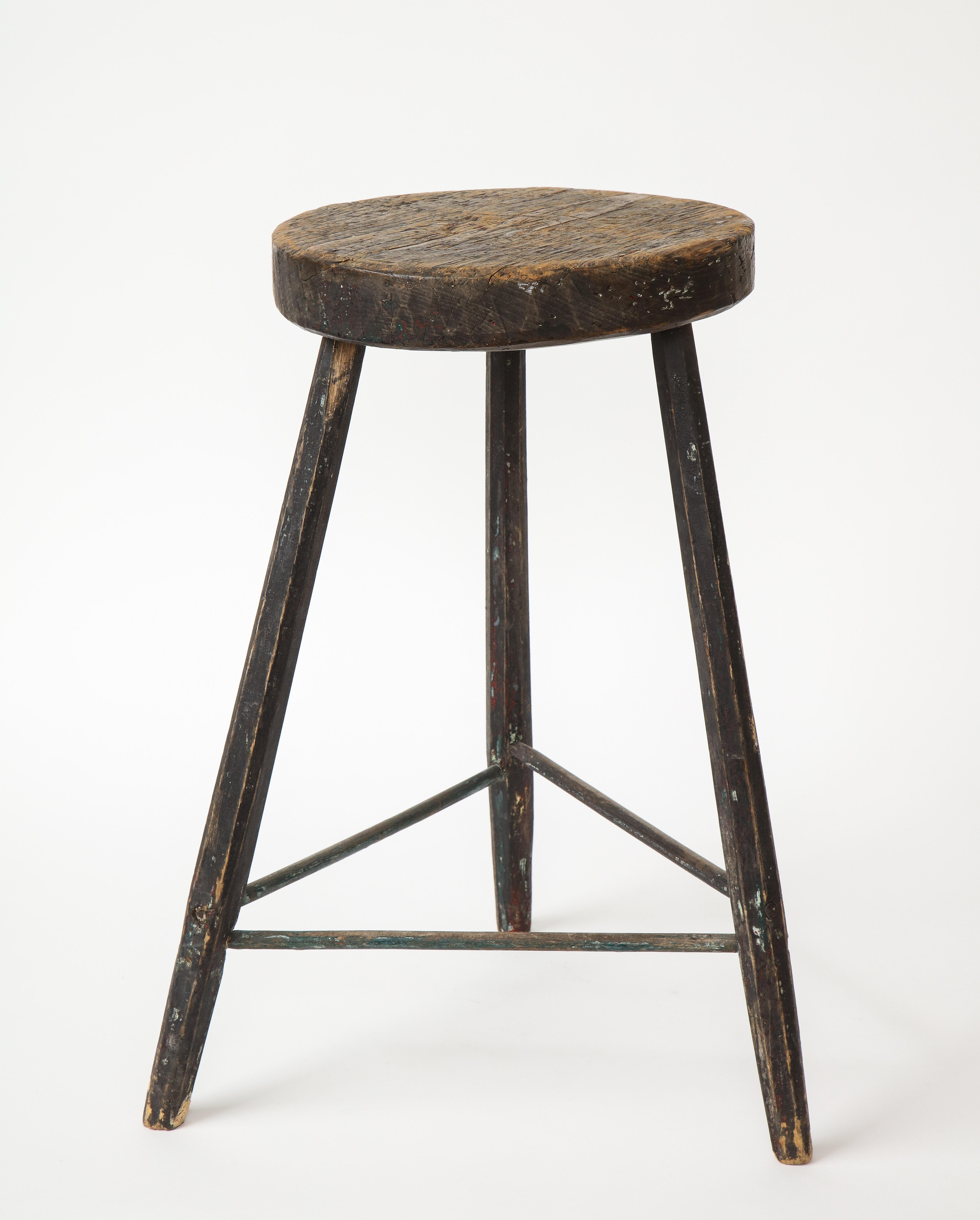 20th Century Vintage Black Tripod Stool with Rustic Wood Top