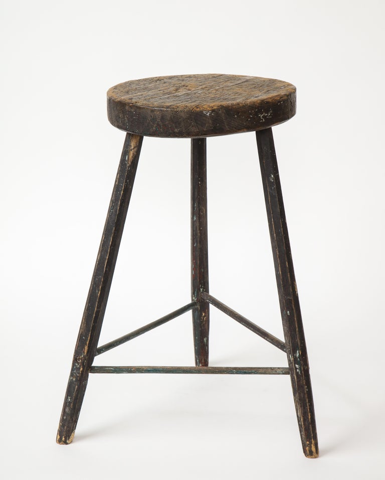 20th Century Vintage Black Tripod Stool with Rustic Wood Top For Sale