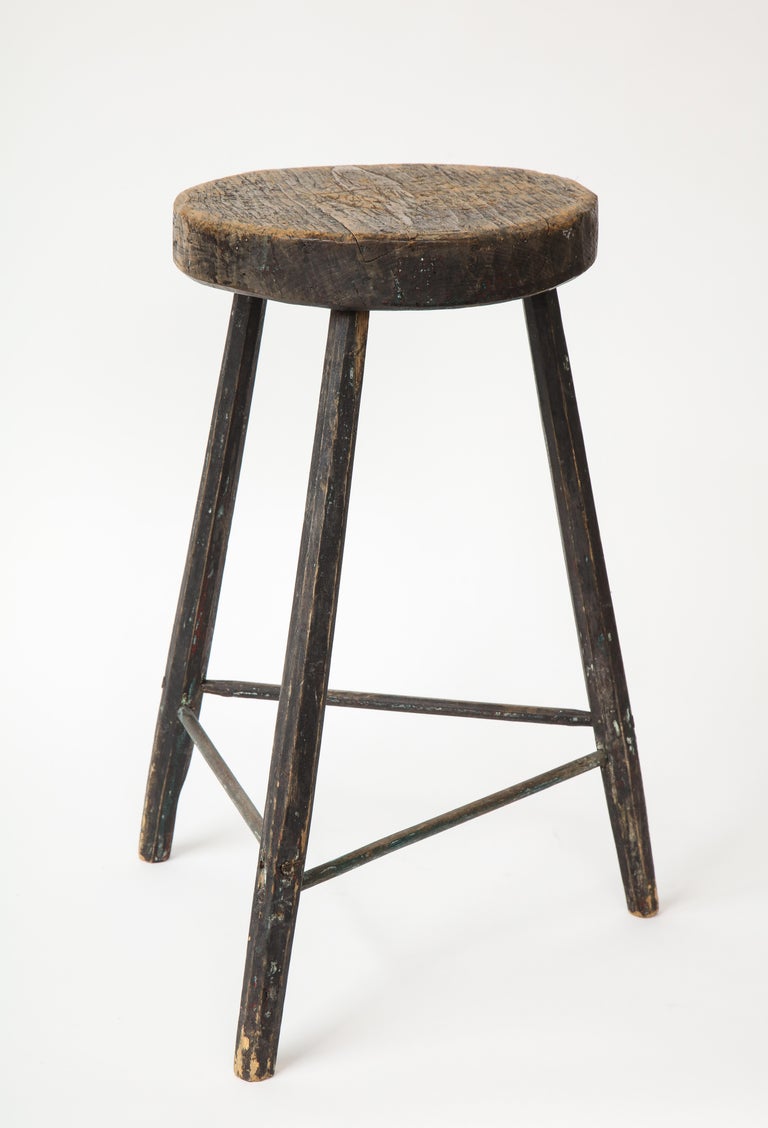 Vintage Black Tripod Stool with Rustic Wood Top For Sale 3