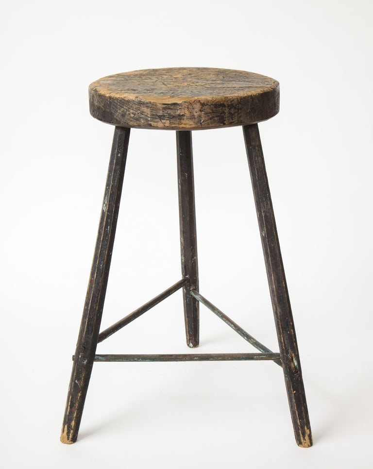 Vintage Black Tripod Stool with Rustic Wood Top For Sale 4