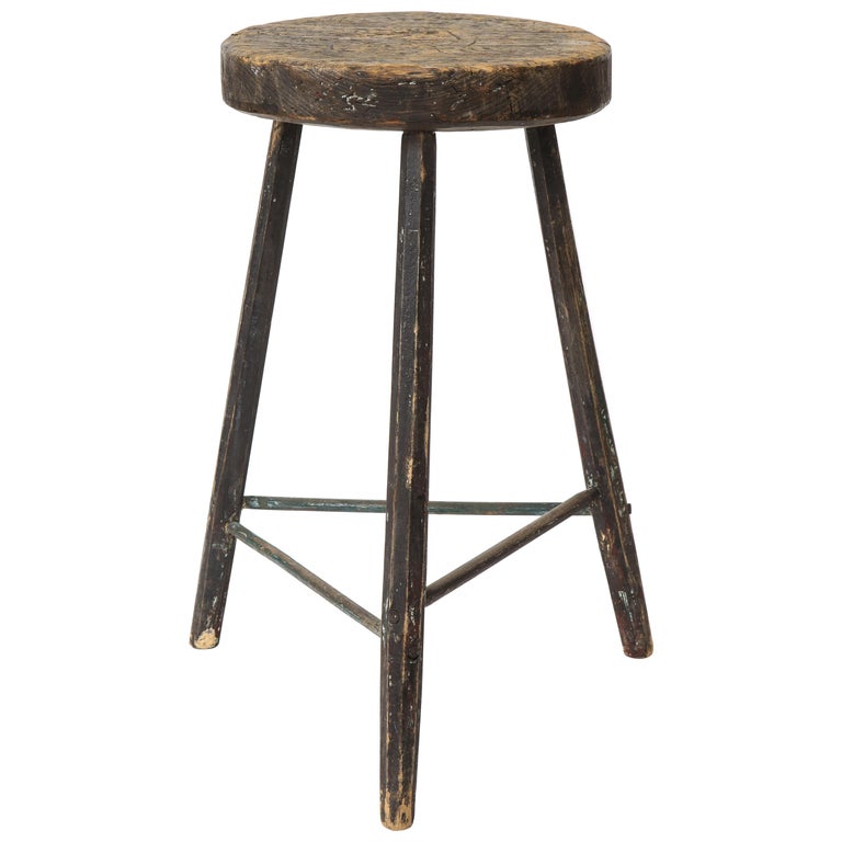 Vintage Black Tripod Stool with Rustic Wood Top For Sale