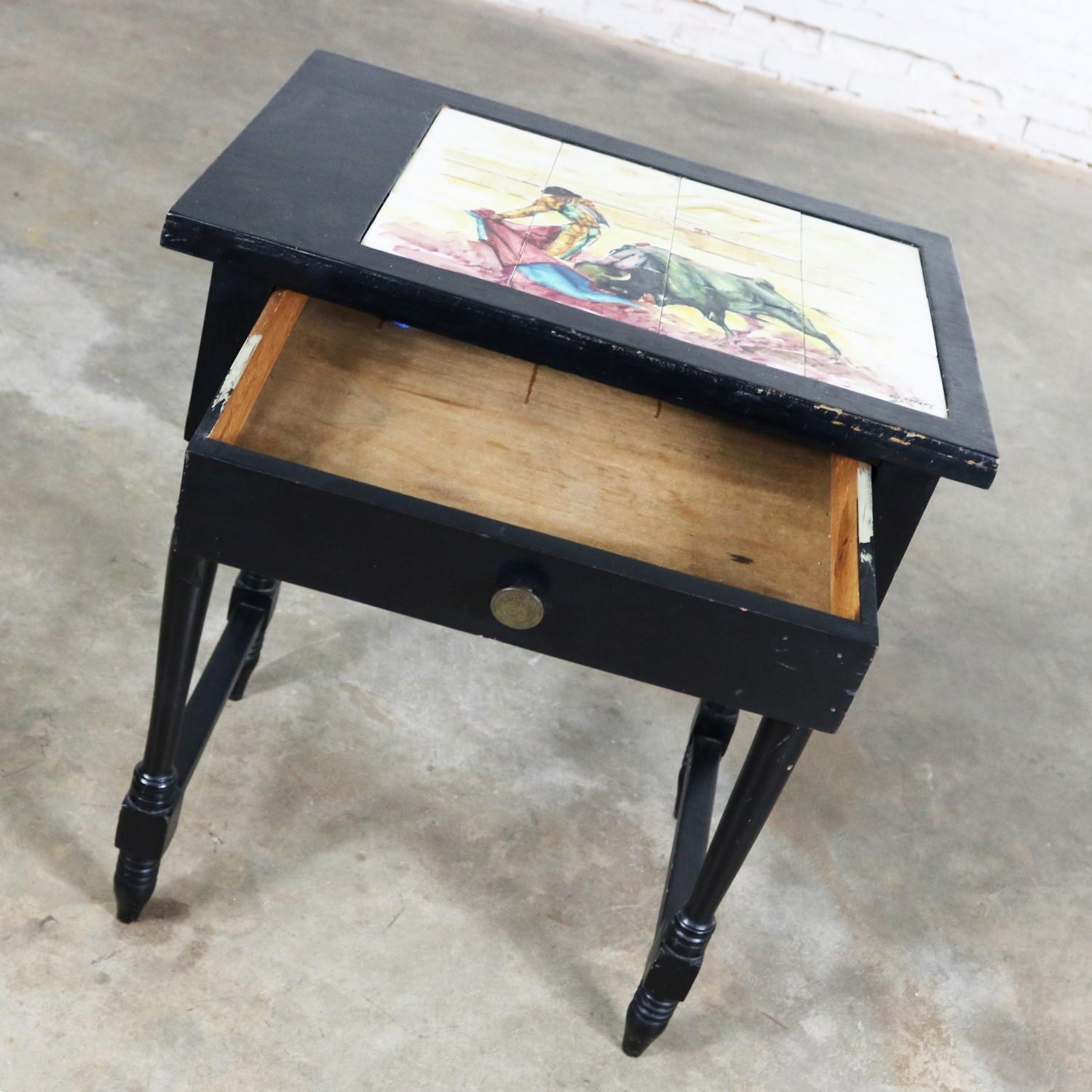 Vintage Mexican Black Turned Leg Drawered End Table Matador & Bull Tile Top For Sale 2