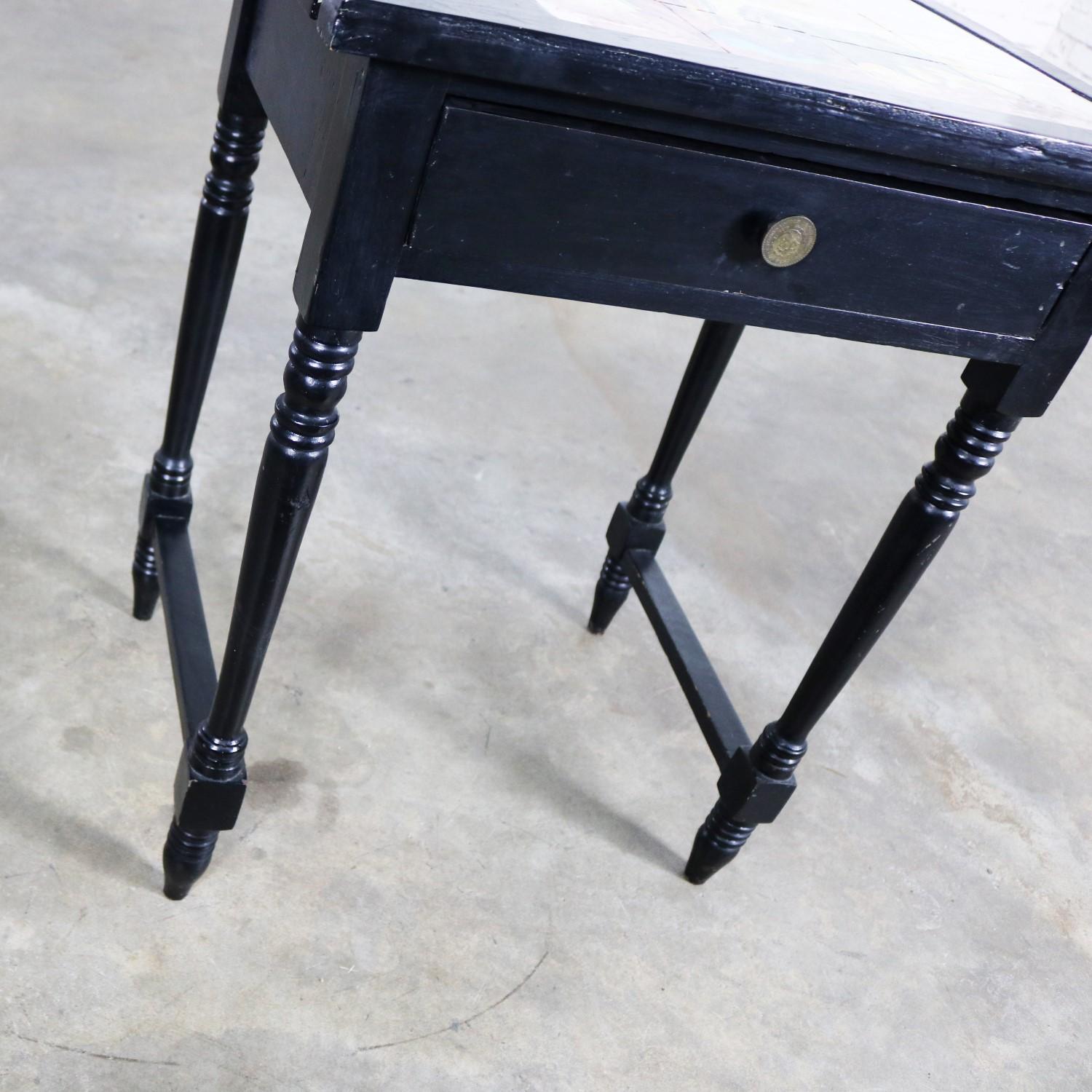 Vintage Mexican Black Turned Leg Drawered End Table Matador & Bull Tile Top For Sale 3