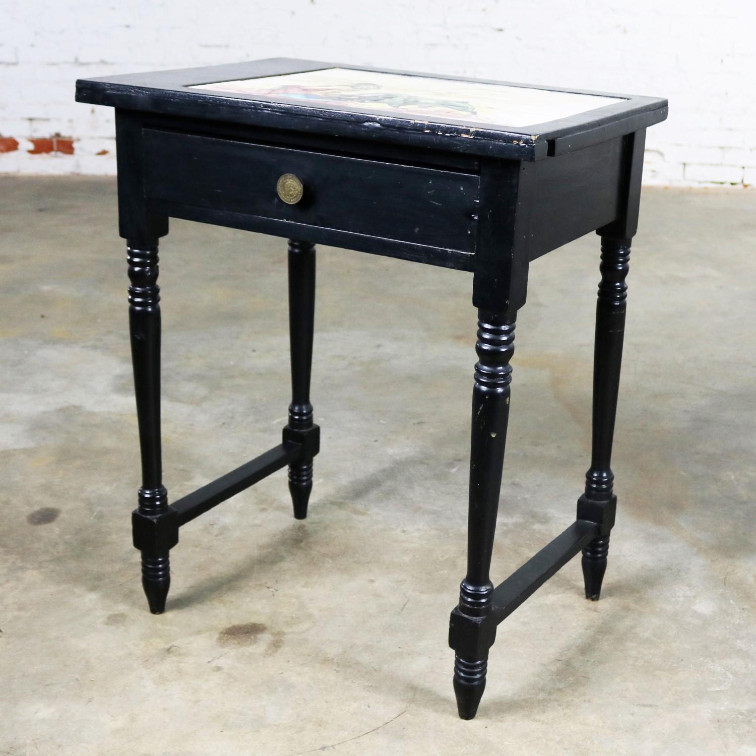Awesome and unusual vintage end table, side table, or bedside table. Undoubtedly made in Mexico. It has a black painted finish, turned legs, a drawer, and an eight-piece signed tile insert in the top depicting a bullfight with both matador and bull.