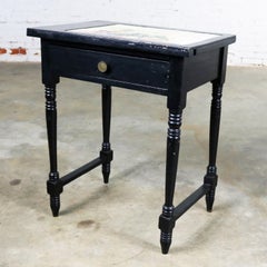 Vintage Mexican Black Turned Leg Drawered End Table Matador & Bull Tile Top