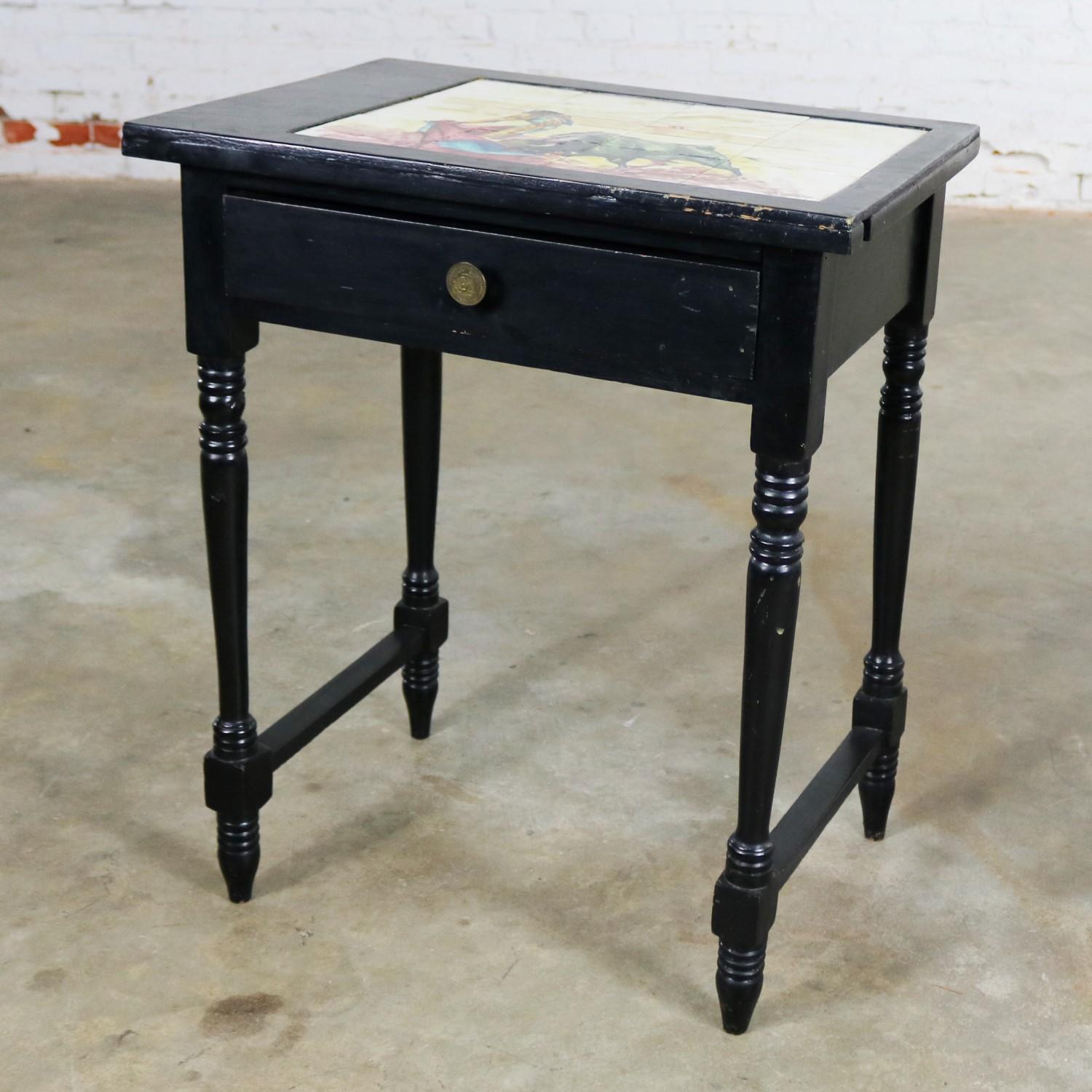 Spanish Colonial Vintage Mexican Black Turned Leg Drawered End Table Matador & Bull Tile Top For Sale