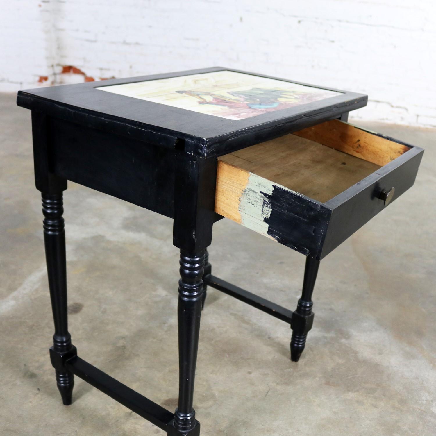 Vintage Mexican Black Turned Leg Drawered End Table Matador & Bull Tile Top For Sale 1