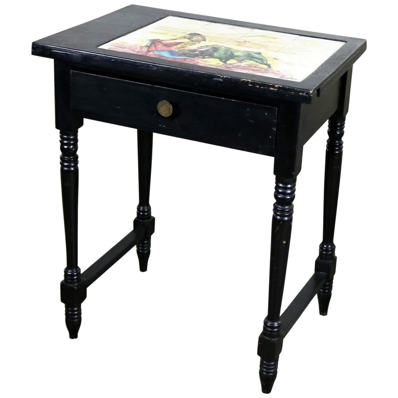 Vintage Mexican Black Turned Leg Drawered End Table Matador & Bull Tile Top For Sale