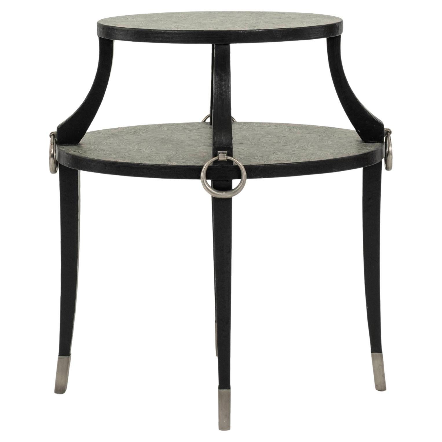 Table d'appoint vintage noire à deux niveaux en cuir