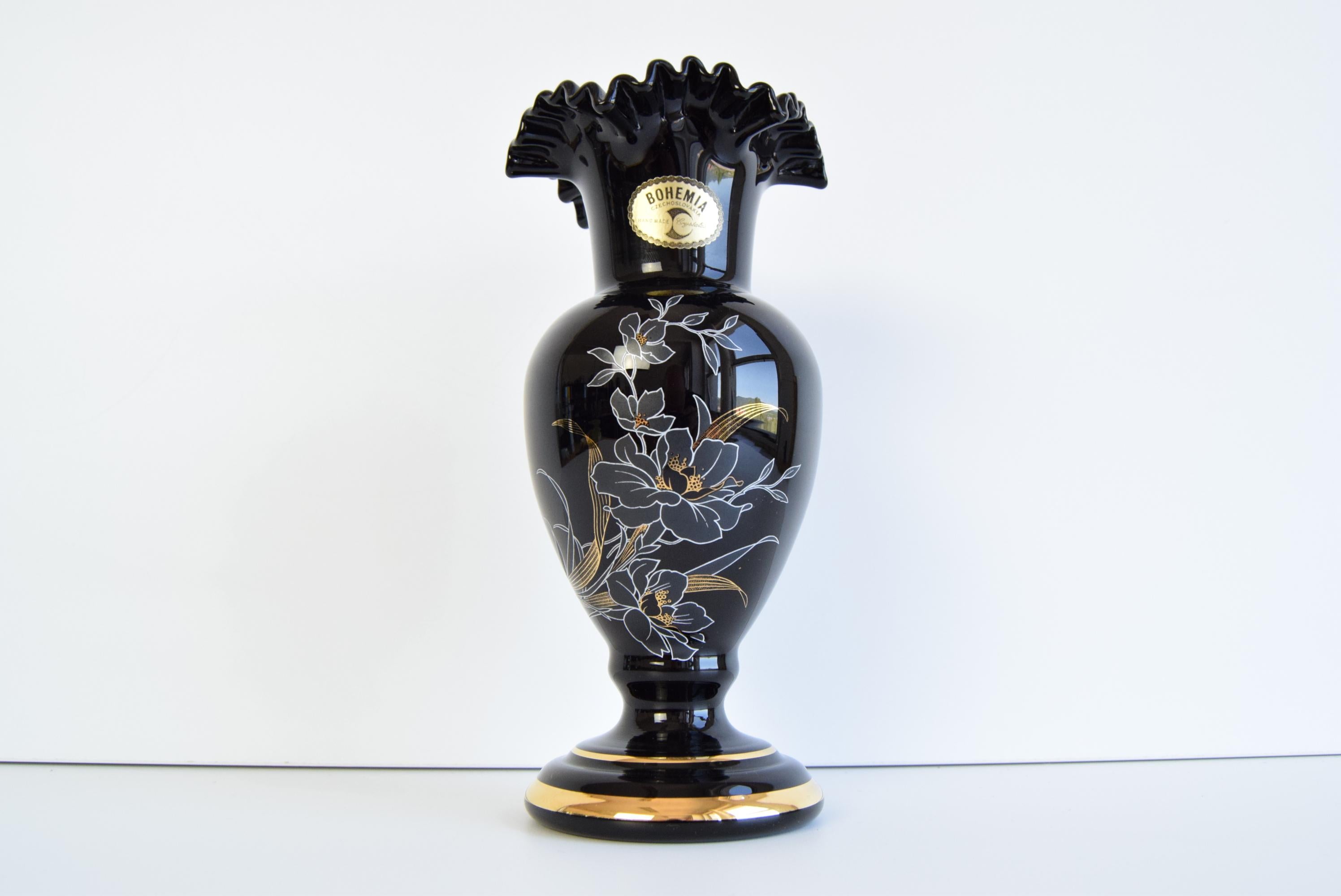 Mid-Century Modern Vintage Black Vase, gilded, Handmade, Crystalex Nový Bor  1970's. For Sale