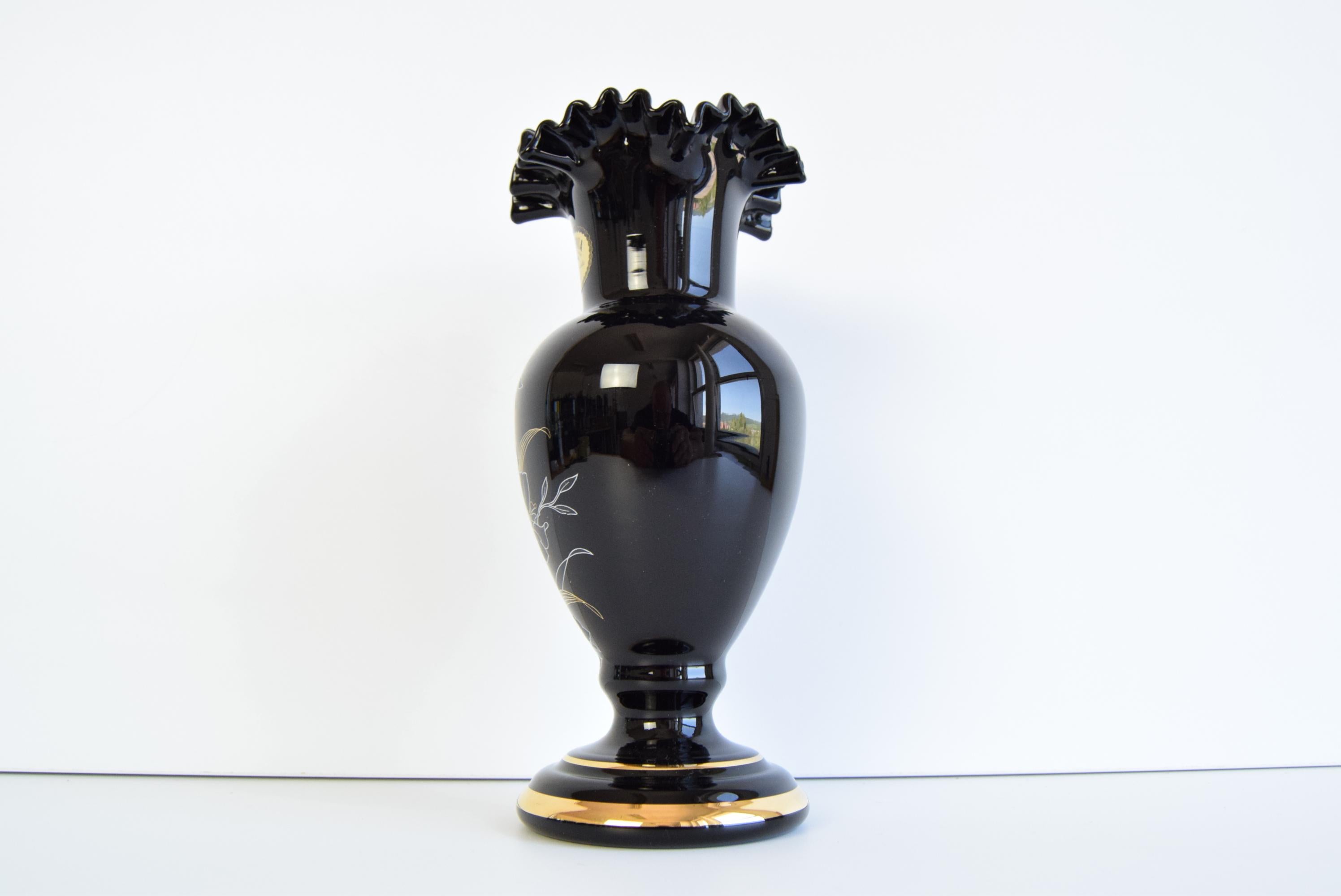 Czech Vintage Black Vase, gilded, Handmade, Crystalex Nový Bor  1970's. For Sale