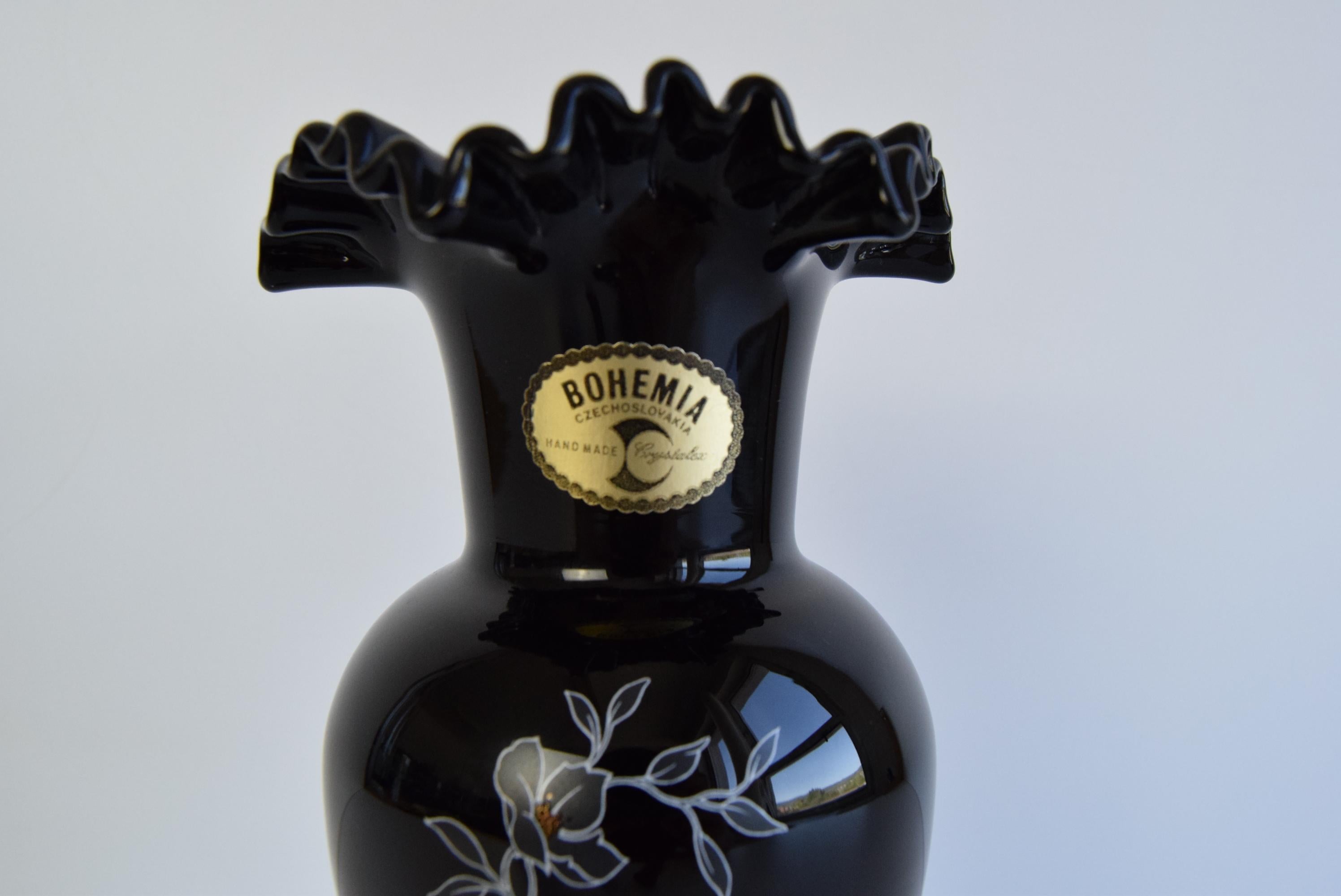 Art Glass Vintage Black Vase, gilded, Handmade, Crystalex Nový Bor  1970's. For Sale