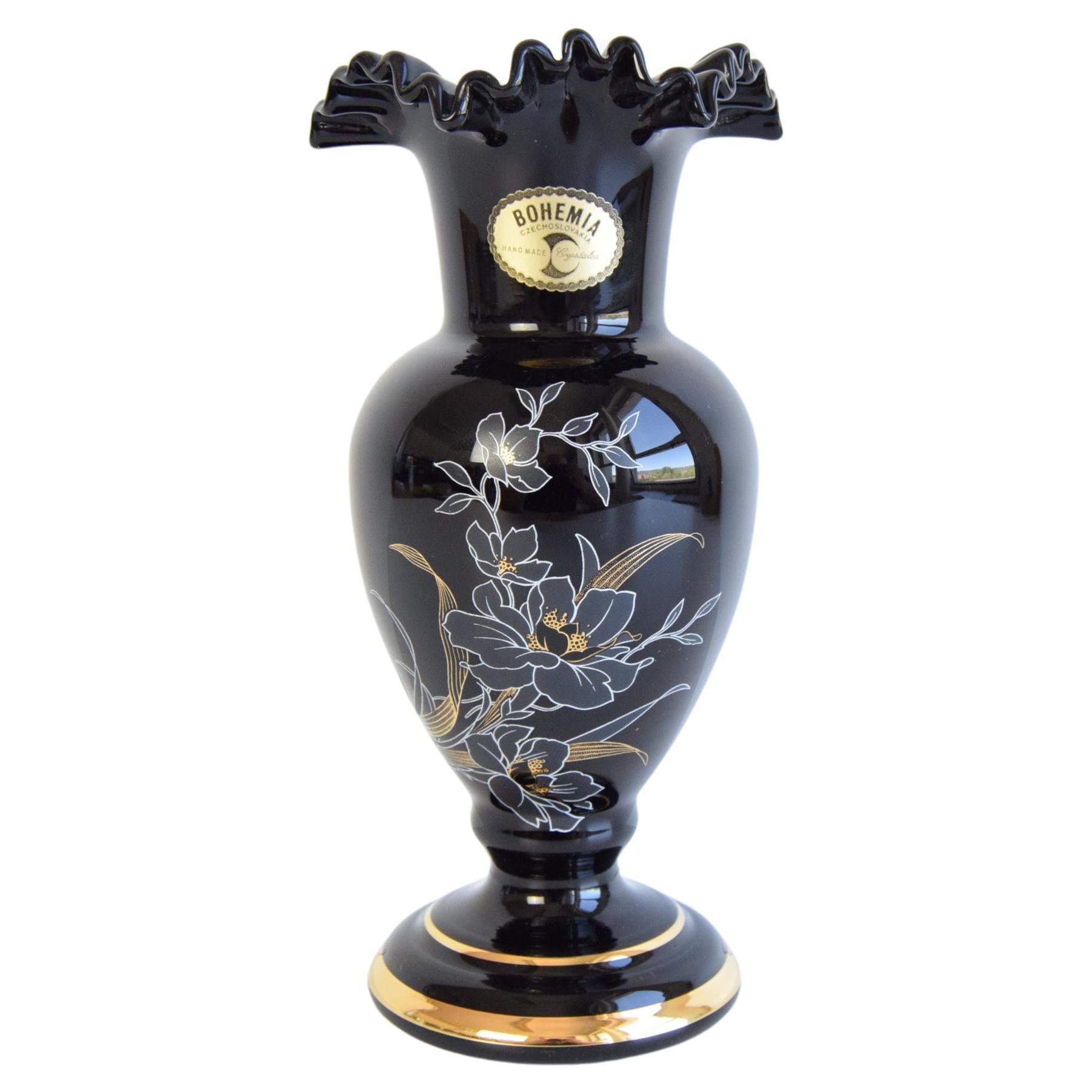 Vintage Black Vase, gilded, Handmade, Crystalex Nový Bor  1970's.