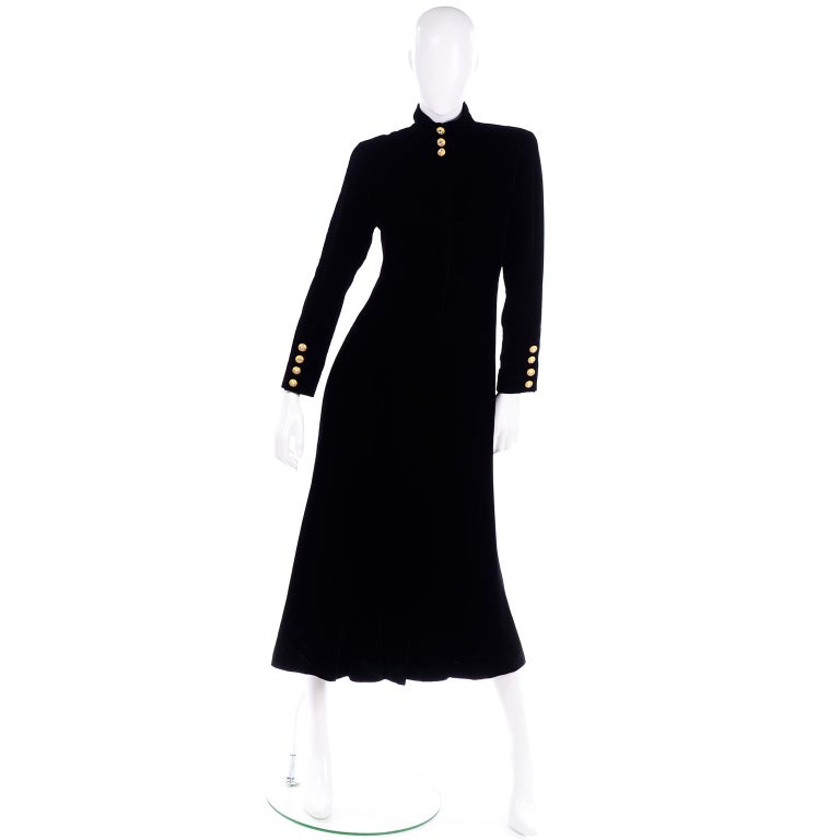 Vintage Black Velvet Long Coat with Gold Rhinestone Buttons at 1stDibs