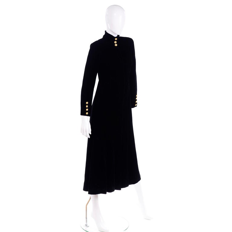 Vintage Black Velvet Long Coat with Gold Rhinestone Buttons In Excellent Condition For Sale In Portland, OR